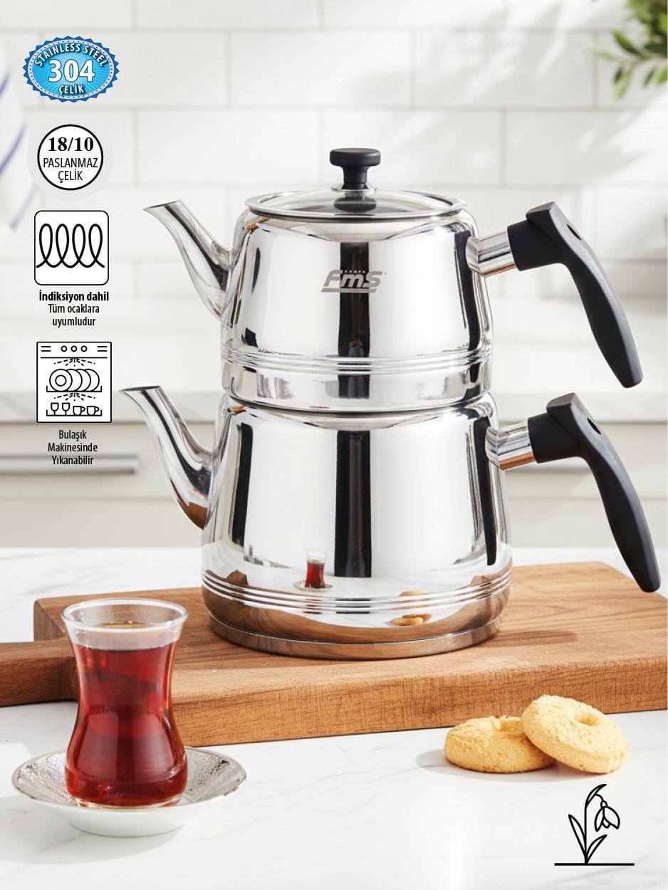 Fms Burcu | Orta Boy | Siyah | 18/10 Çelik Çaydanlık | İndüksiyon Taban | Ergonomik Sap | 1,25 L+ 2 L