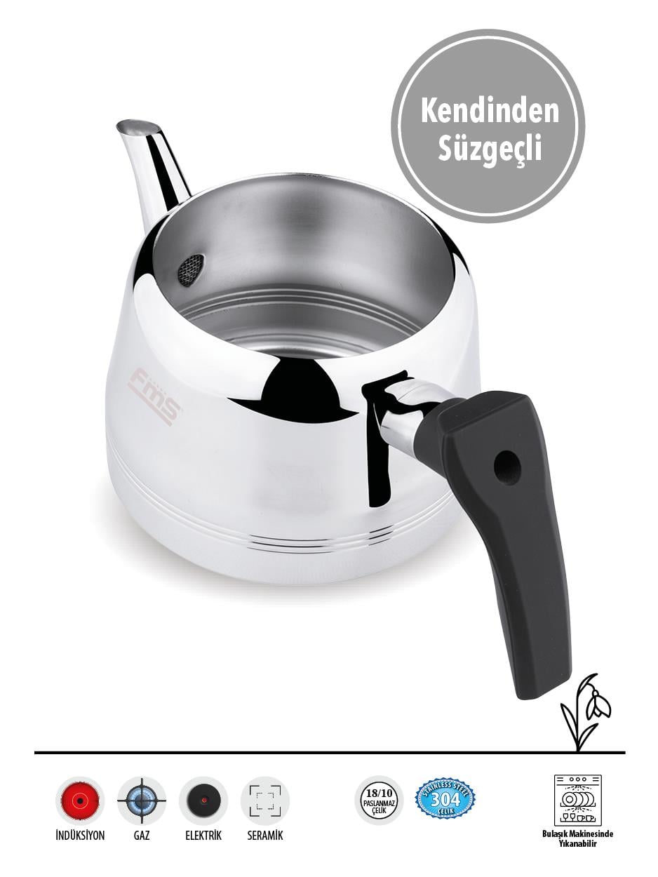 Fms Burcu | Orta Boy | Siyah | 18/10 Çelik Çaydanlık | İndüksiyon Taban | Ergonomik Sap | 1,25 L+ 2 L