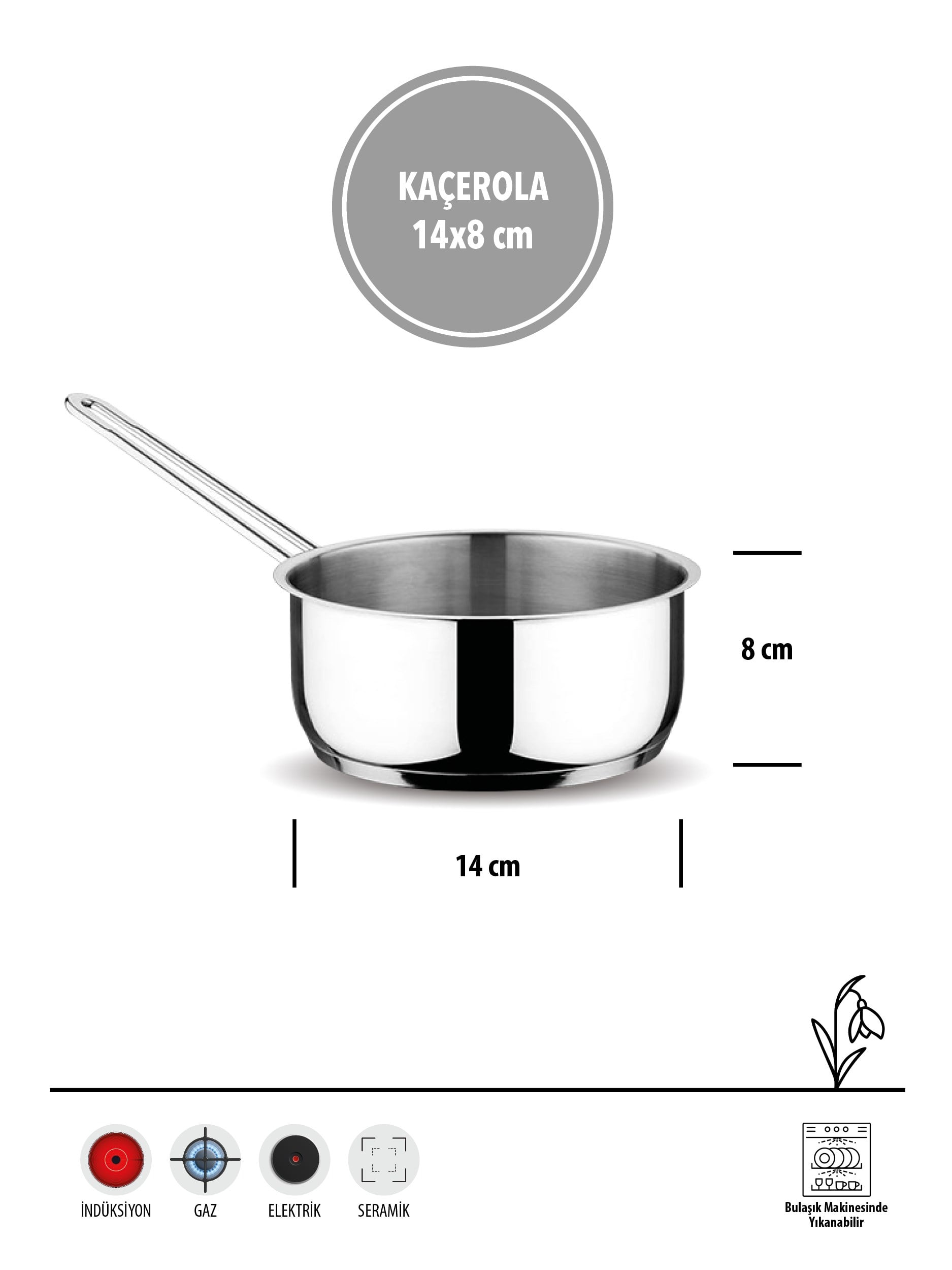 FMS Çelik Sütlük / Kaçerola14*8 cm | 304 Paslanmaz  | 18/10