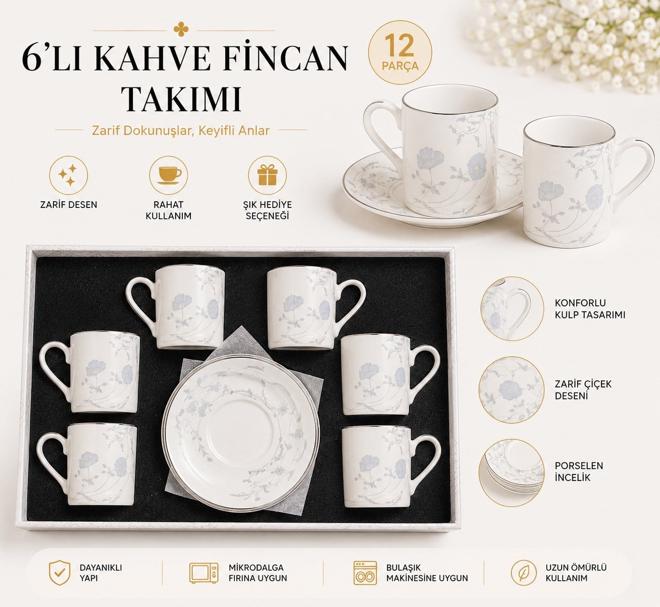 |FMS Flora 6 Kişilik Kahve Fincan Takımı 1219 | 80 ML|