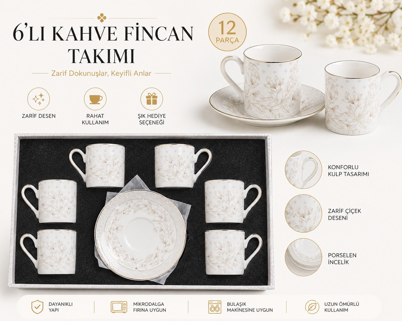 |FMS Flora 6 Kişilik Kahve Fincan Takımı 1216 | 80 ML|