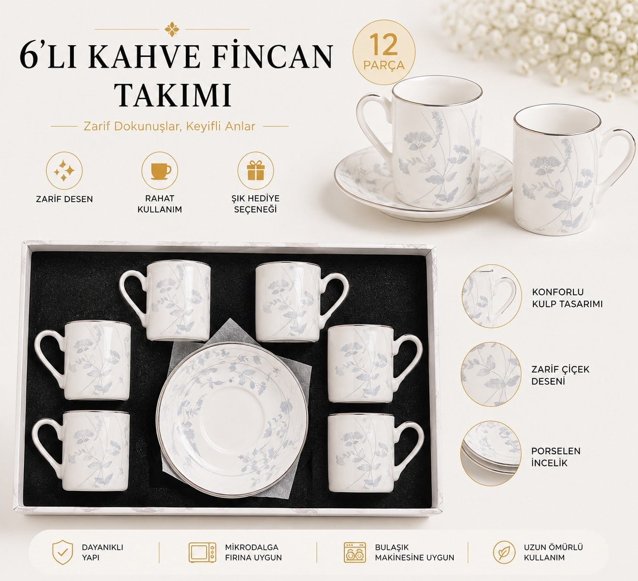 |FMS Flora 6 Kişilik Kahve Fincan Takımı 1220 | 80 ML|