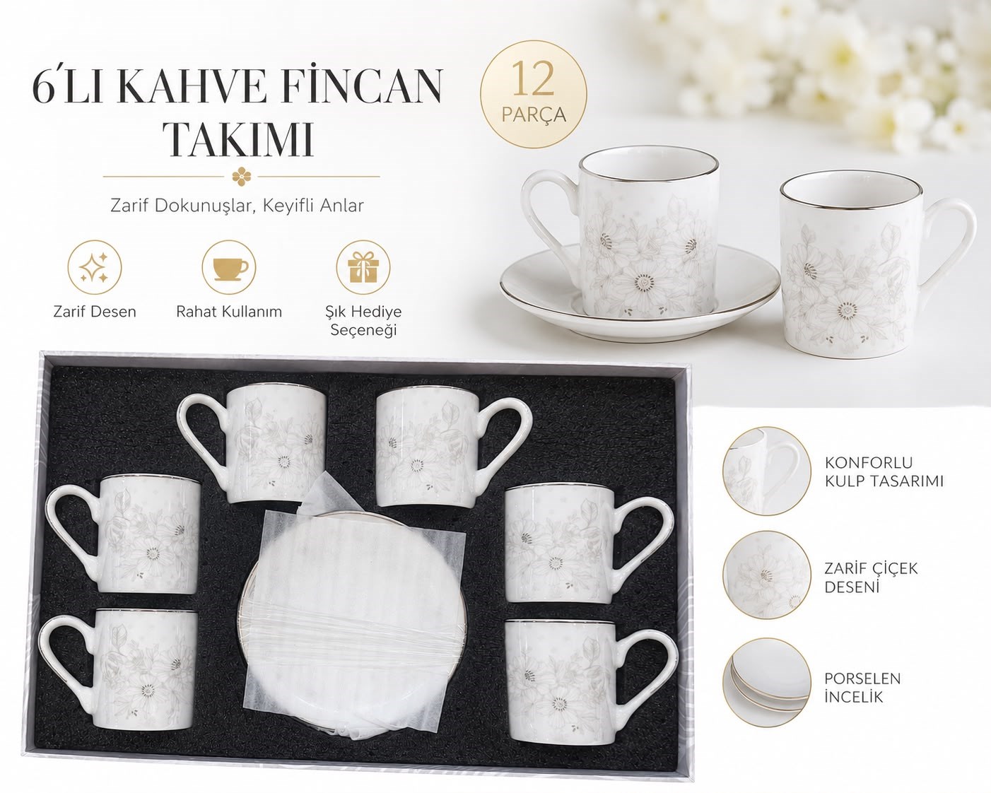 |FMS Flora 6 Kişilik Kahve Fincan Takımı 1215 | 80 ML|