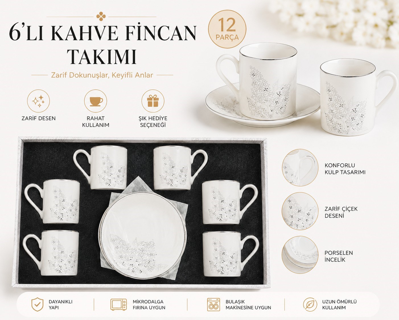 |FMS Flora 6 Kişilik Kahve Fincan Takımı 1217 | 80 ML|