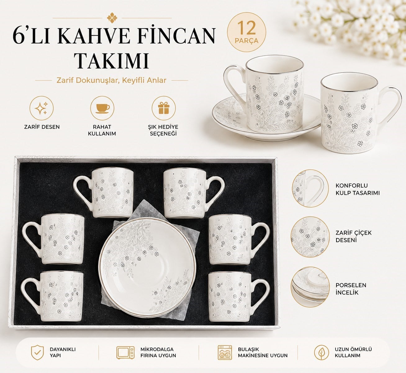 |FMS Flora 6 Kişilik Kahve Fincan Takımı 1218 | 80 ML|