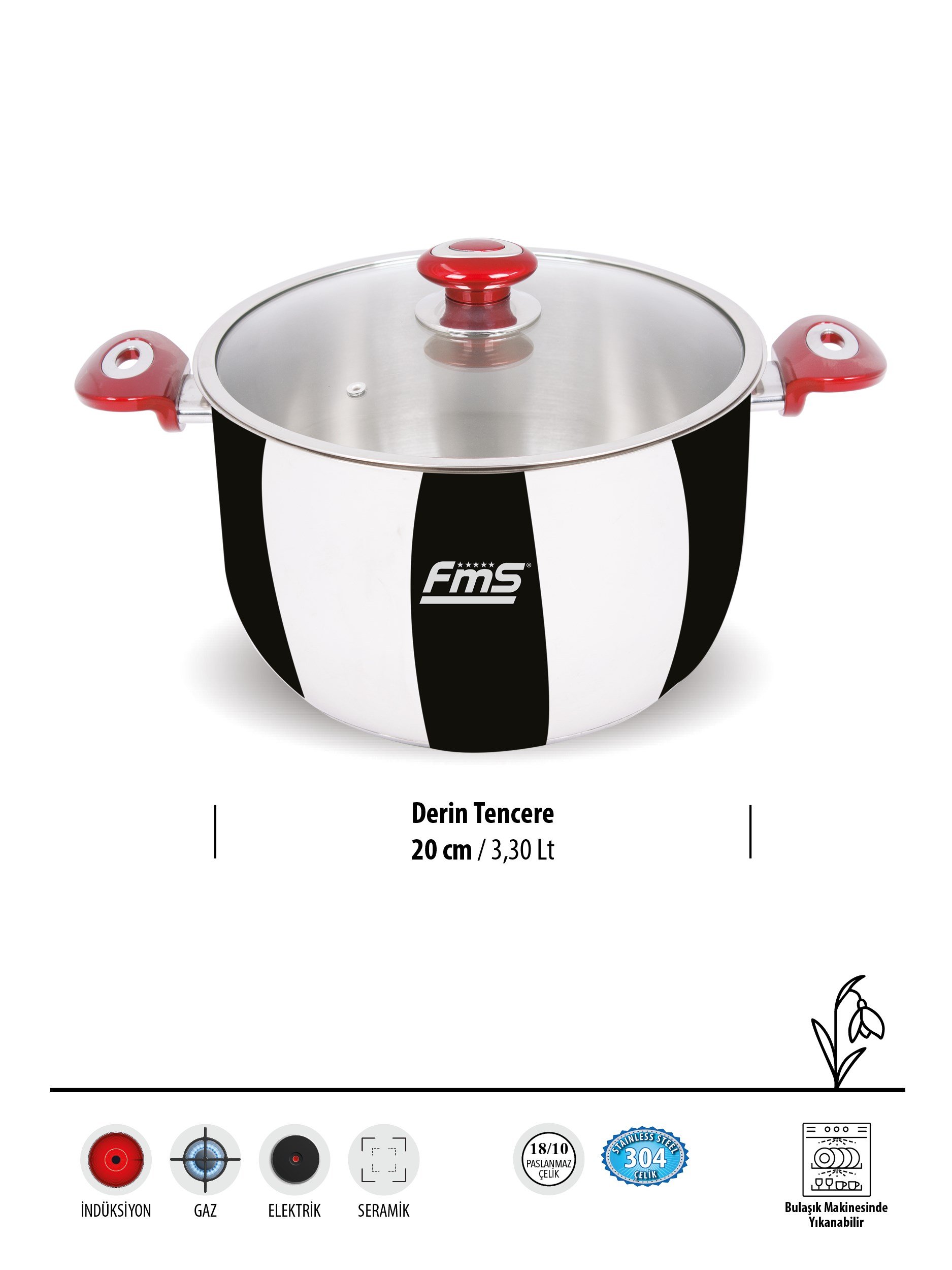FMS İdeal 20 cm Derin Çelik Tencere Kırmızı | 3.3 Lt | 304 Paslanmaz Çelik | 18/10