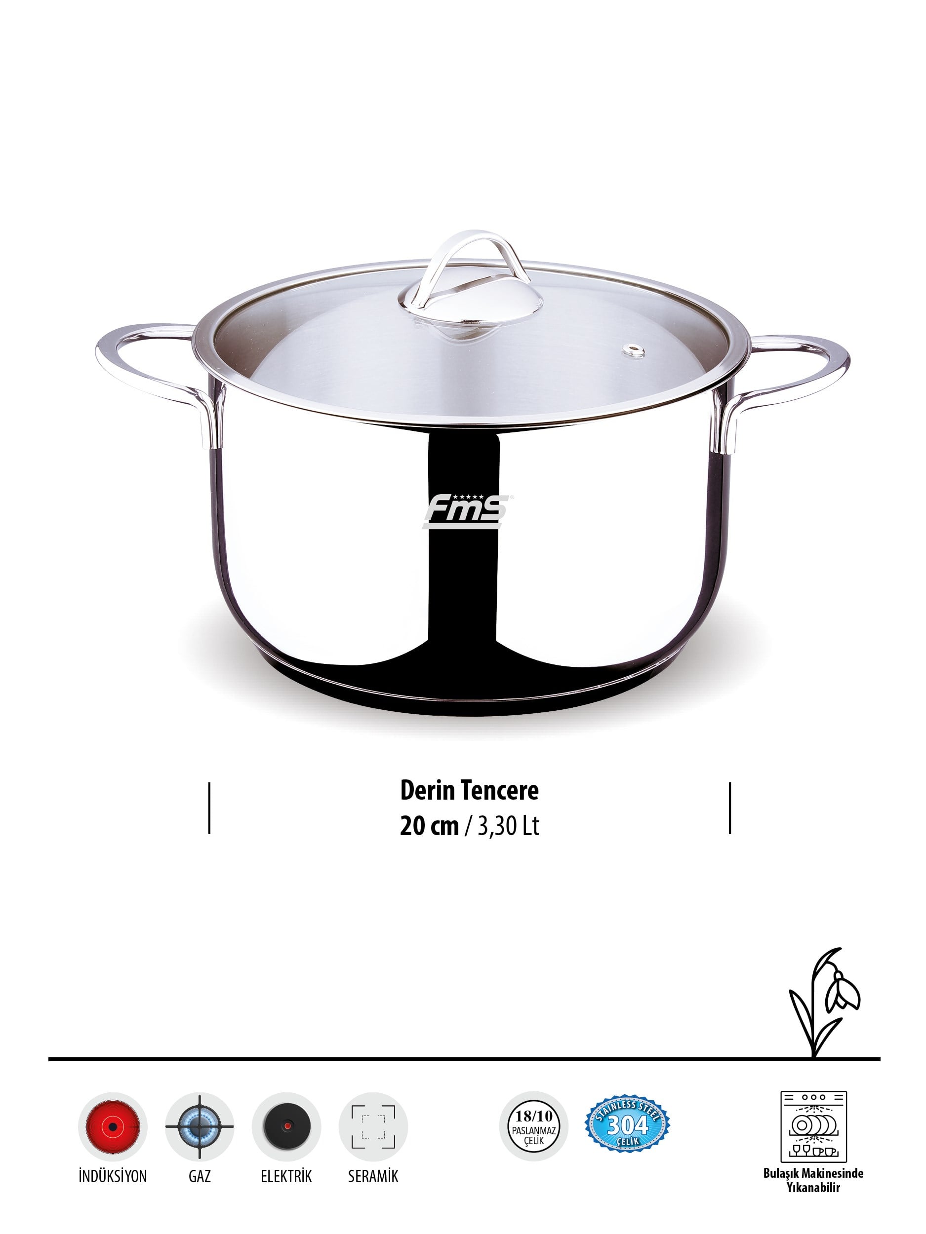 FMS İdeal 20 cm Derin Çelik Tencere Metal | 3.3 Lt | 304 Paslanmaz Çelik | 18/10 |