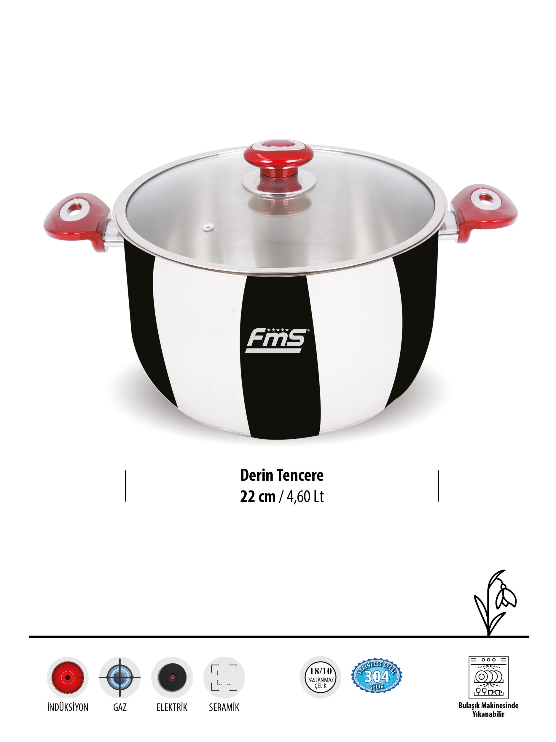FMS İdeal 22 cm Derin Çelik Tencere Kırmızı | 6.6 Lt | 304 Paslanmaz Çelik | 18/10