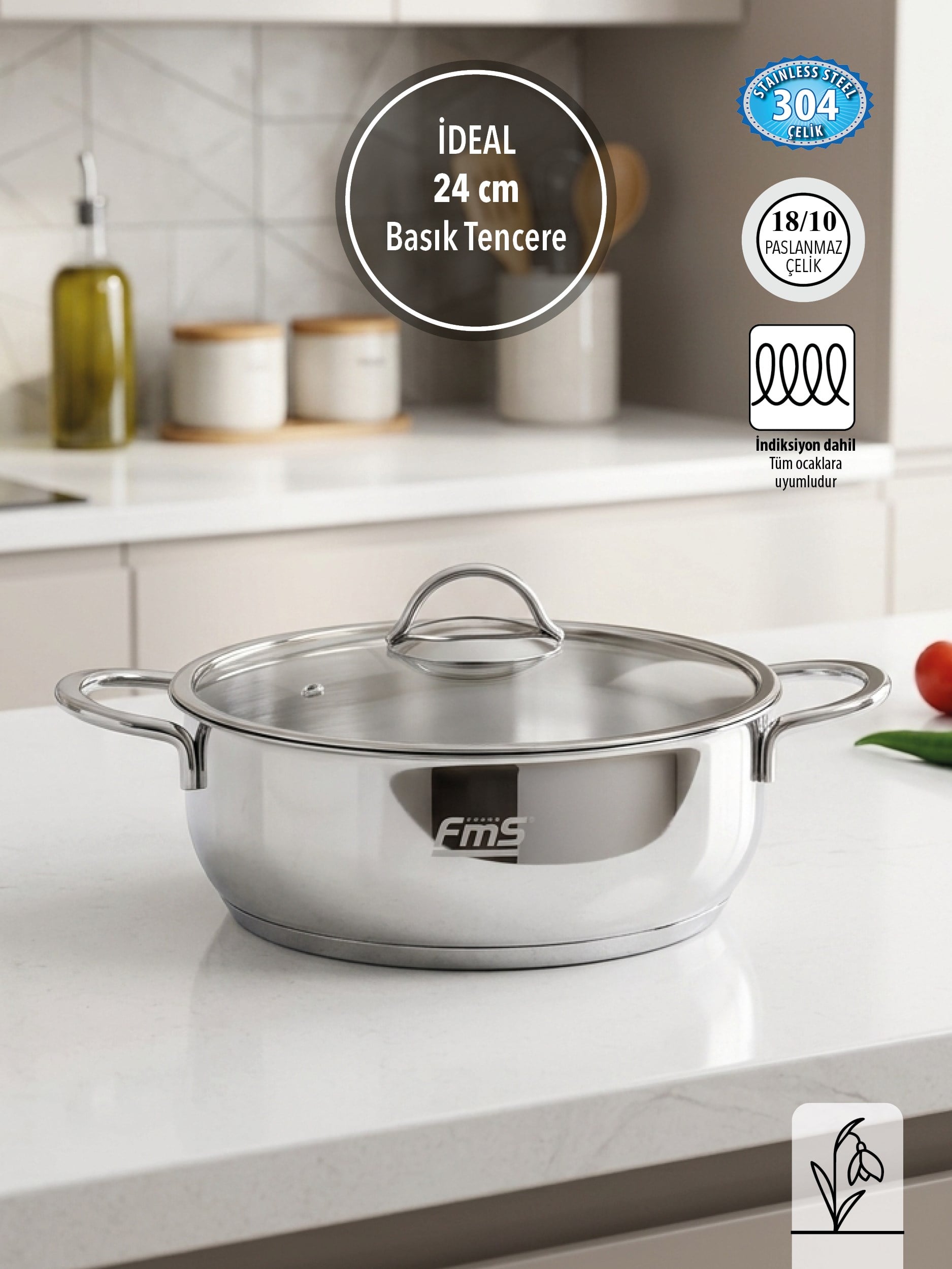 FMS İdeal 24 cm Basık Çelik Tencere Metal | 2.8 Lt | 304 Çelik |18/10 |