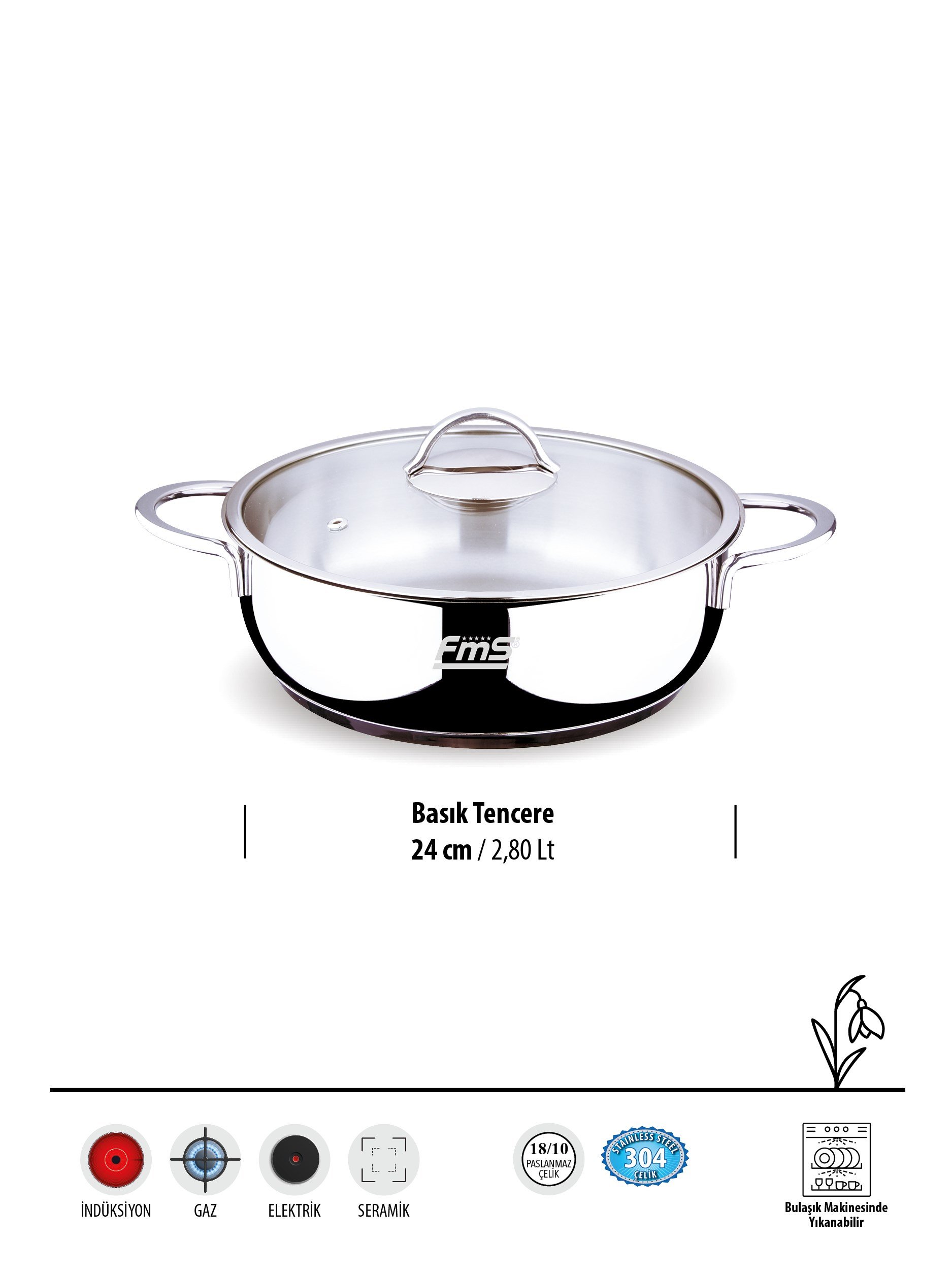 FMS İdeal 24 cm Basık Çelik Tencere Metal | 2.8 Lt | 304 Çelik |18/10 |