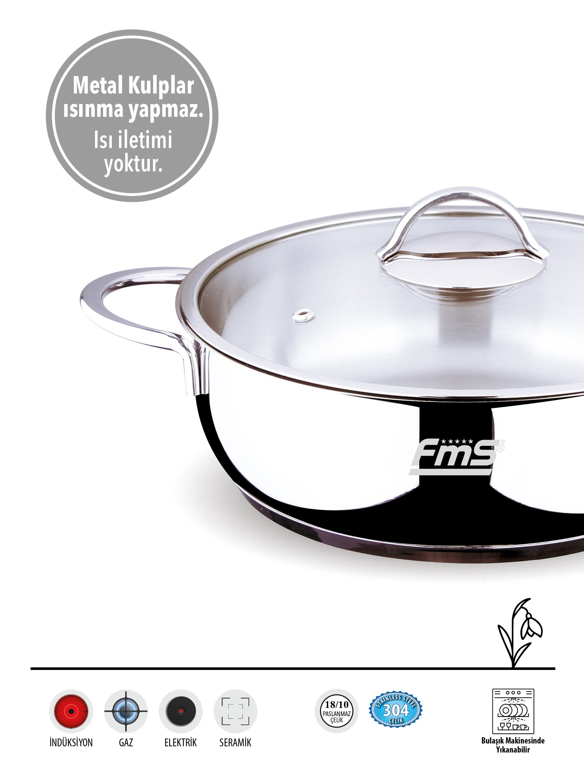 FMS İdeal 24 cm Basık Çelik Tencere Metal | 2.8 Lt | 304 Çelik |18/10 |