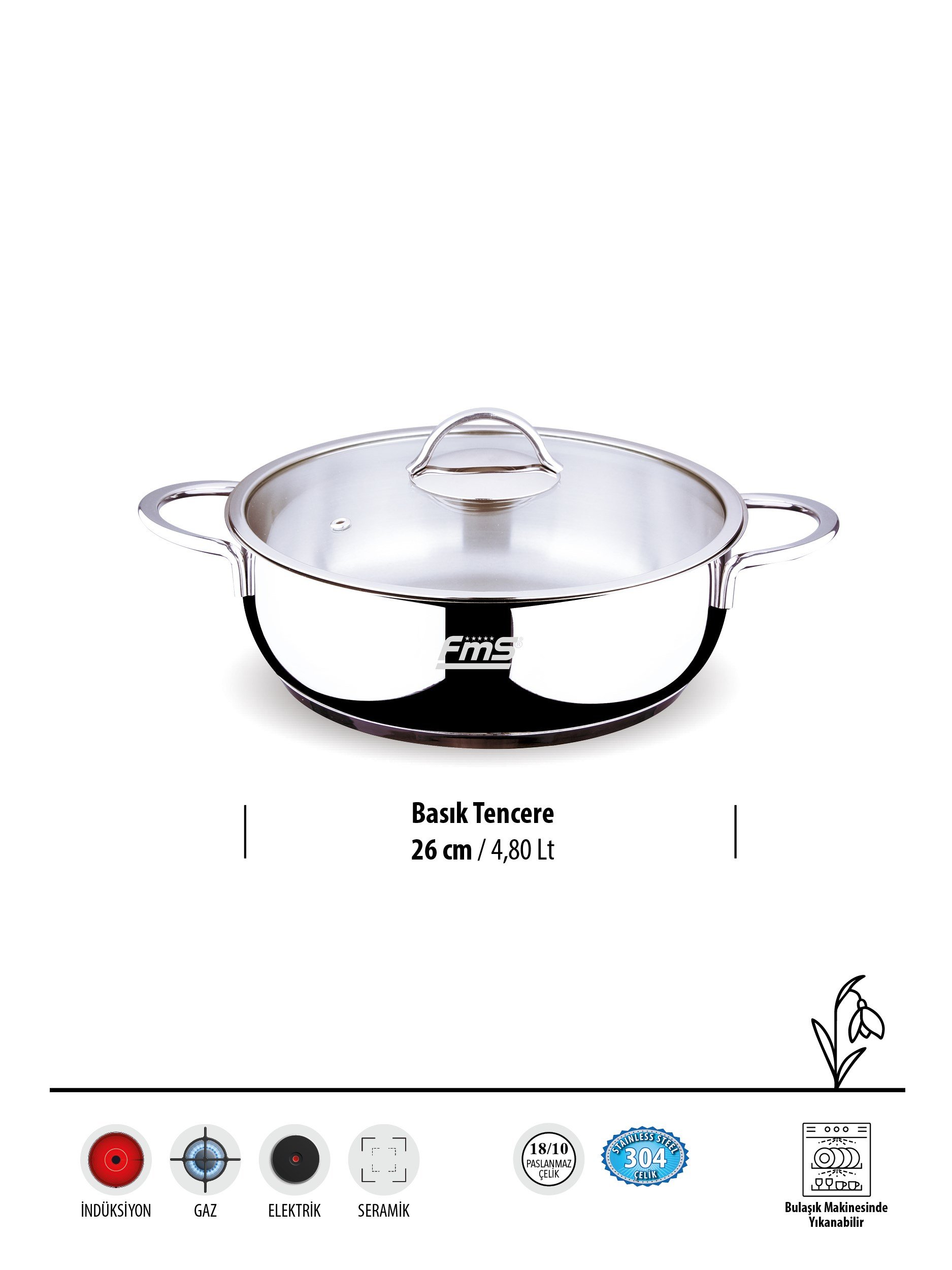 FMS İdeal 26 cm Basık Çelik Tencere Metal | 4.8 Lt | 304 Çelik |18/10 |