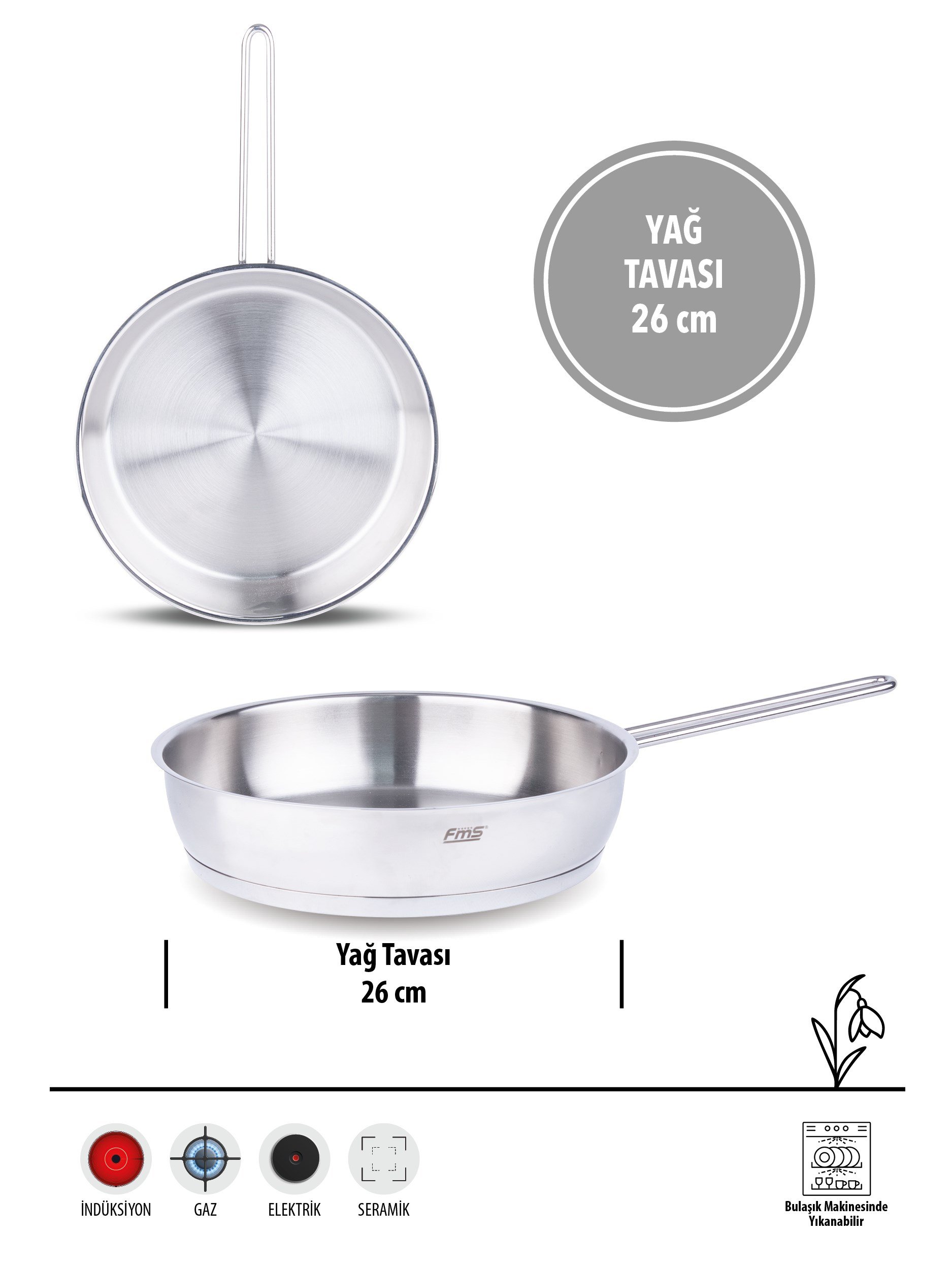 FMS İdeal 26 cm Çelik Yağ Tavası | Dayanıklı & Çok Amaçlı | 304 Çelik | Metal Kulplu |18/10