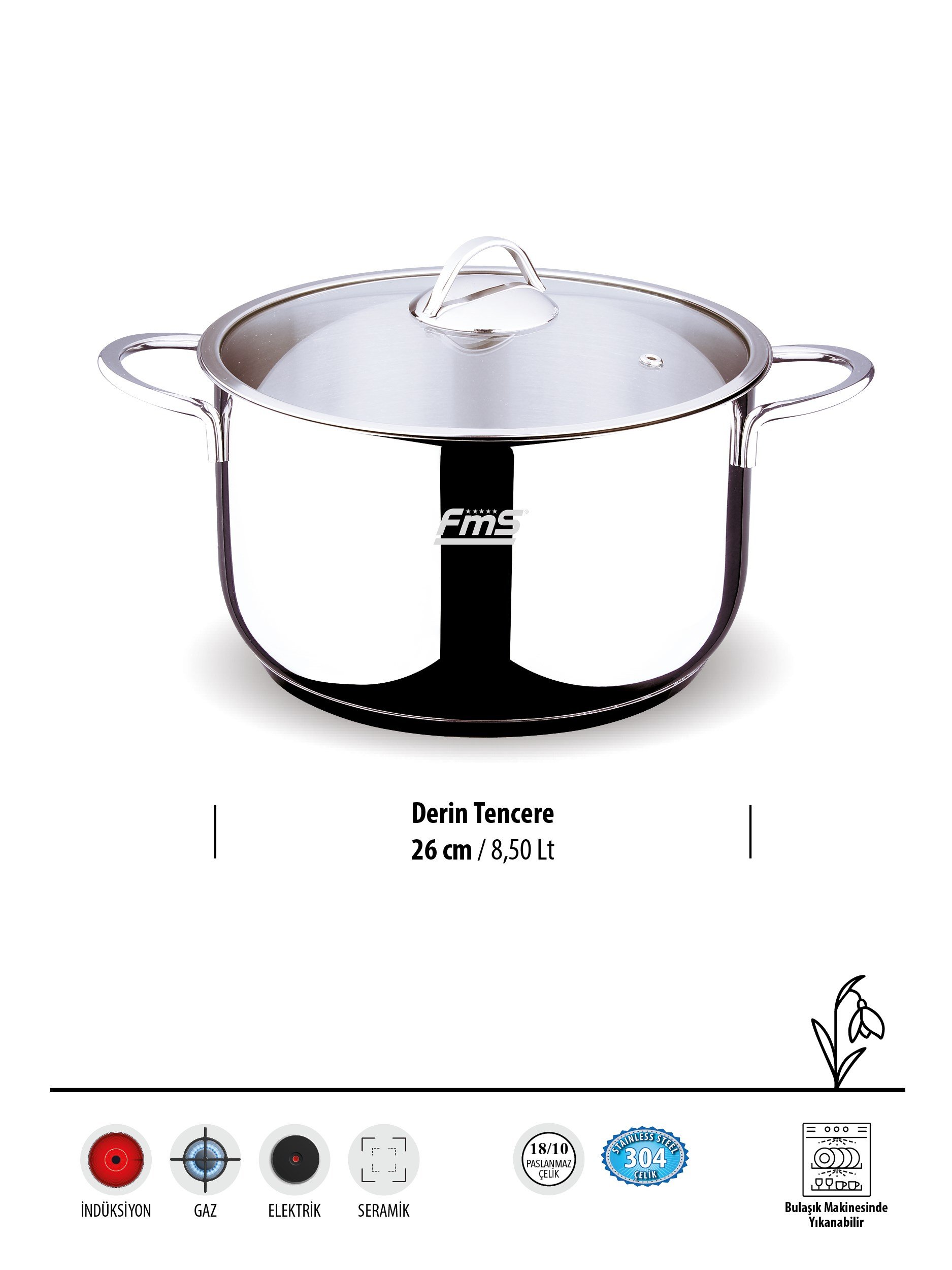 FMS İdeal 26 cm Derin Çelik Tencere Metal | 8,5 Lt | 304 Paslanmaz Çelik | 18/10 |