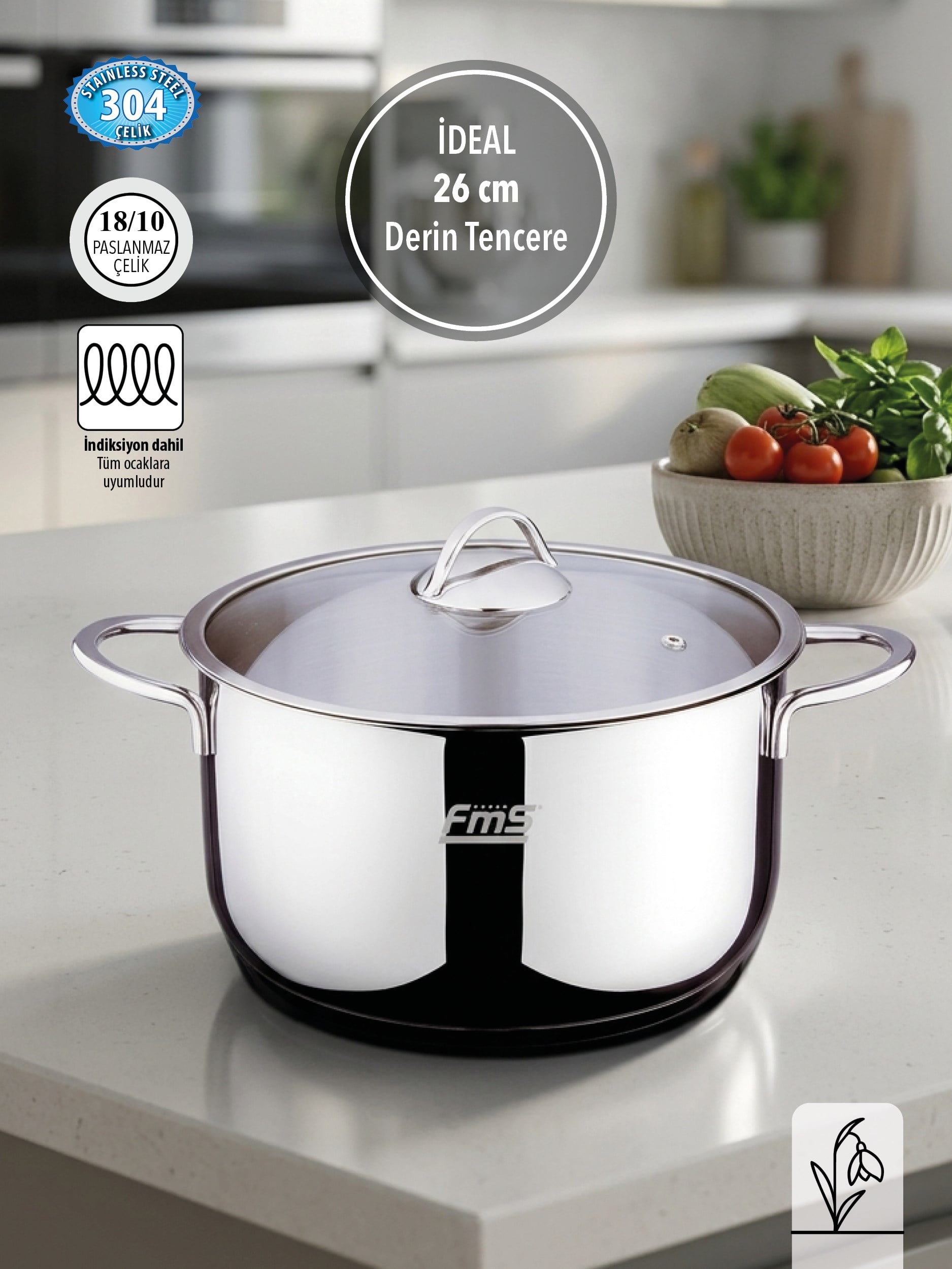 FMS İdeal 26 cm Derin Çelik Tencere Metal | 8,5 Lt | 304 Paslanmaz Çelik | 18/10 |