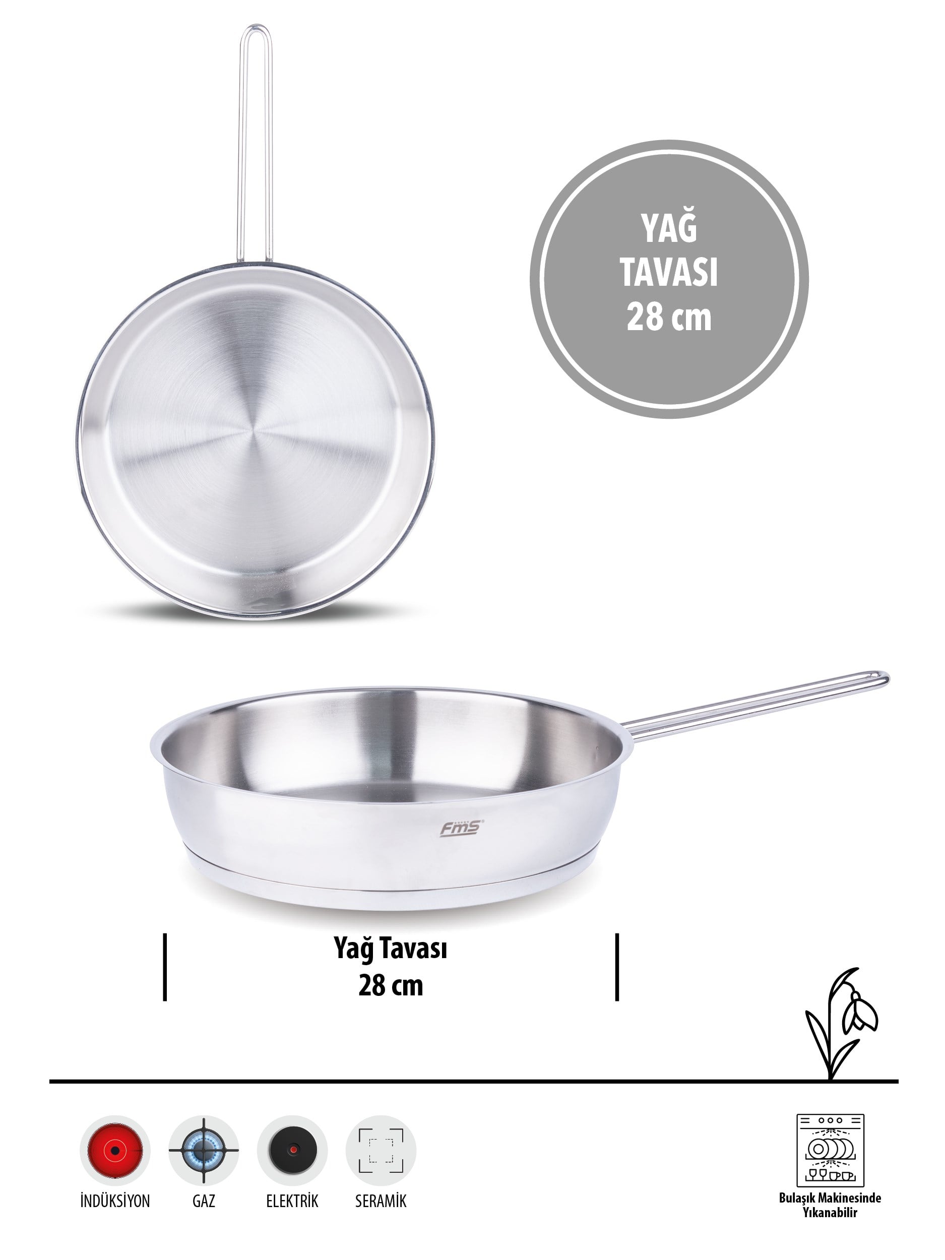 FMS İdeal 28 cm Çelik Yağ Tavası | Dayanıklı & Çok Amaçlı | 304 Çelik | Metal Kulplu |18/10