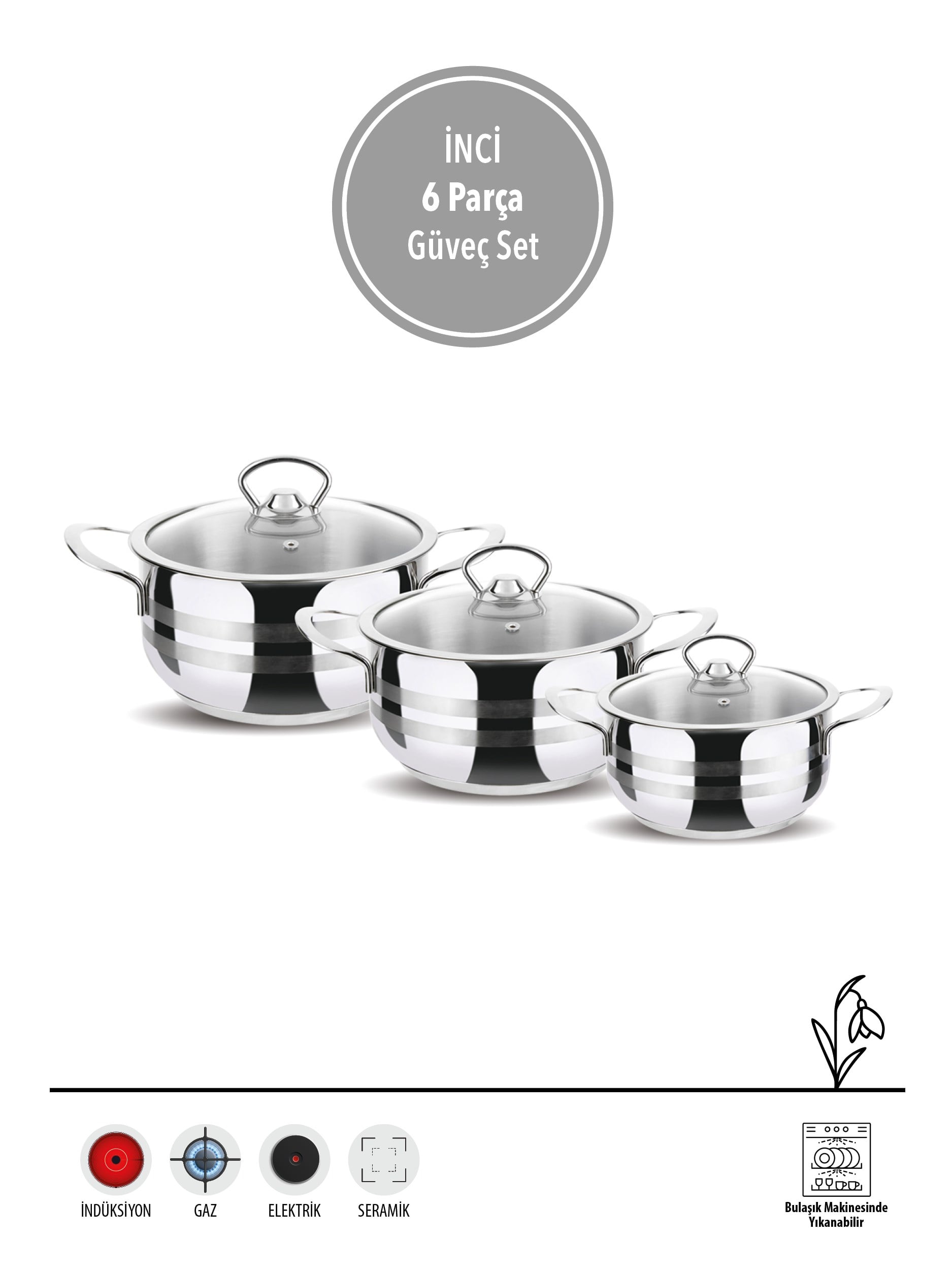FMS İnci 6 Parça Güveç Seti  16-18-20 cm Derin | 304 Paslanmaz Çelik |  |18/10|  