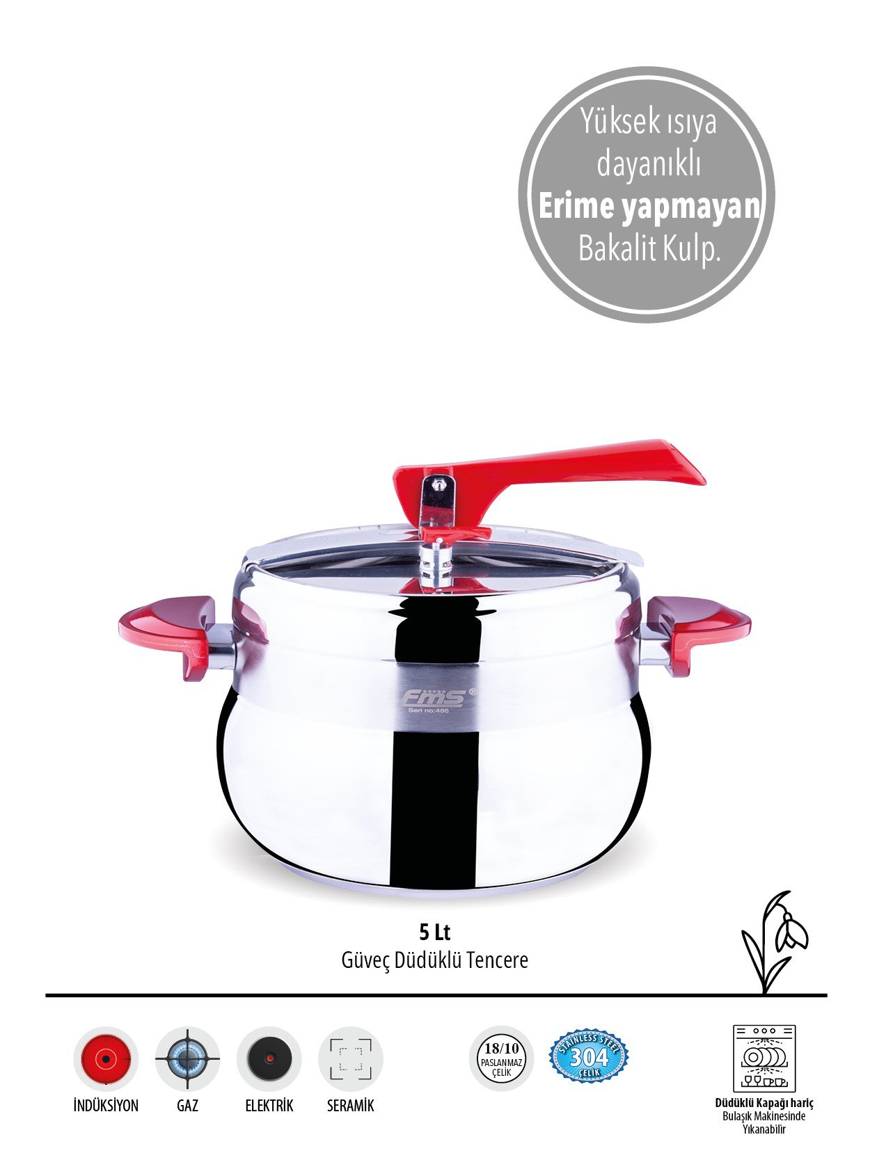 |FMS Kırmızı Güveç Tipi Düdüklü Tencere |18/10 | 5 Lt Sınıfı | Güvenli Basınç Sistemi|