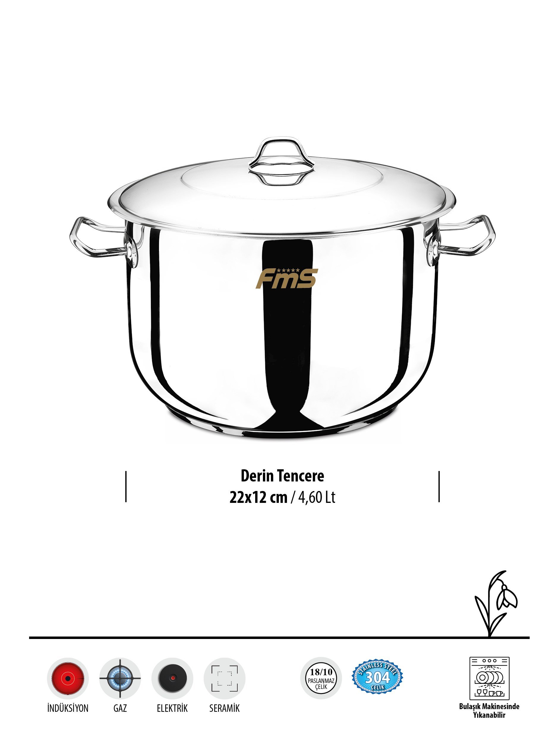FMS Lüks 22 cm Derin Çelik Tencere | 4,6 Lt || 304 Paslanmaz Çelik |18/10 |