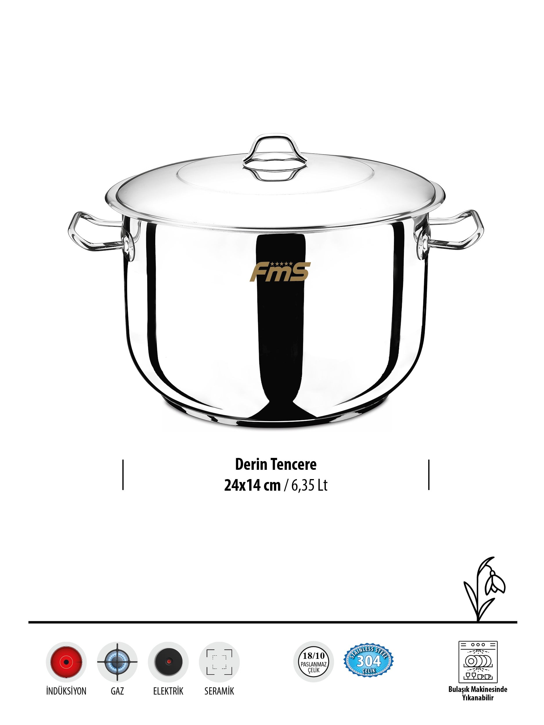 FMS Lüks 24 cm Derin Çelik Tencere | 6,35 Lt | Büyük Boy| 18/10| 