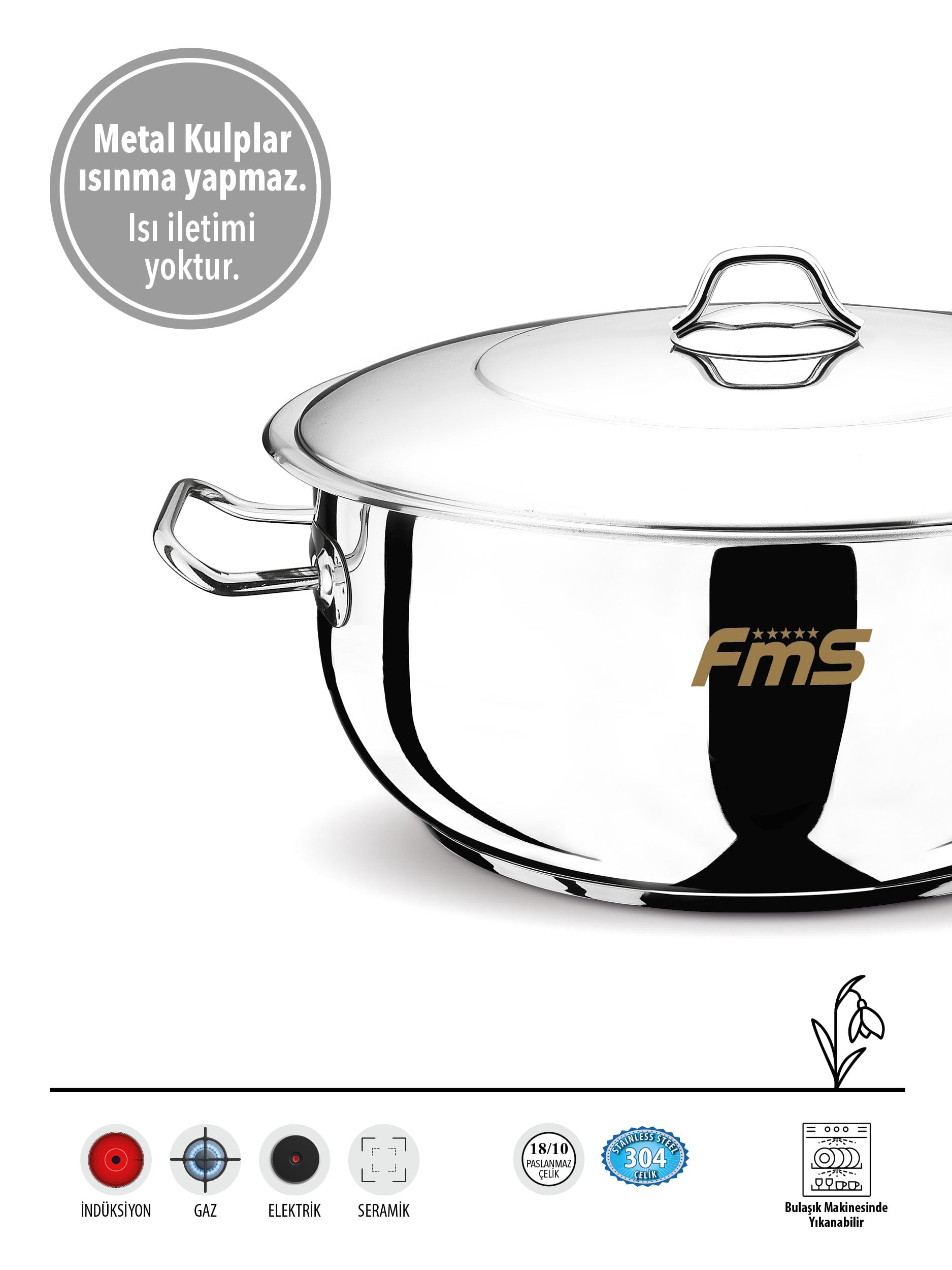 FMS Lüks 40 cm Basık Çelik Tencere | 15 Lt | 304 Paslanmaz Çelik Tencere| 18/10
