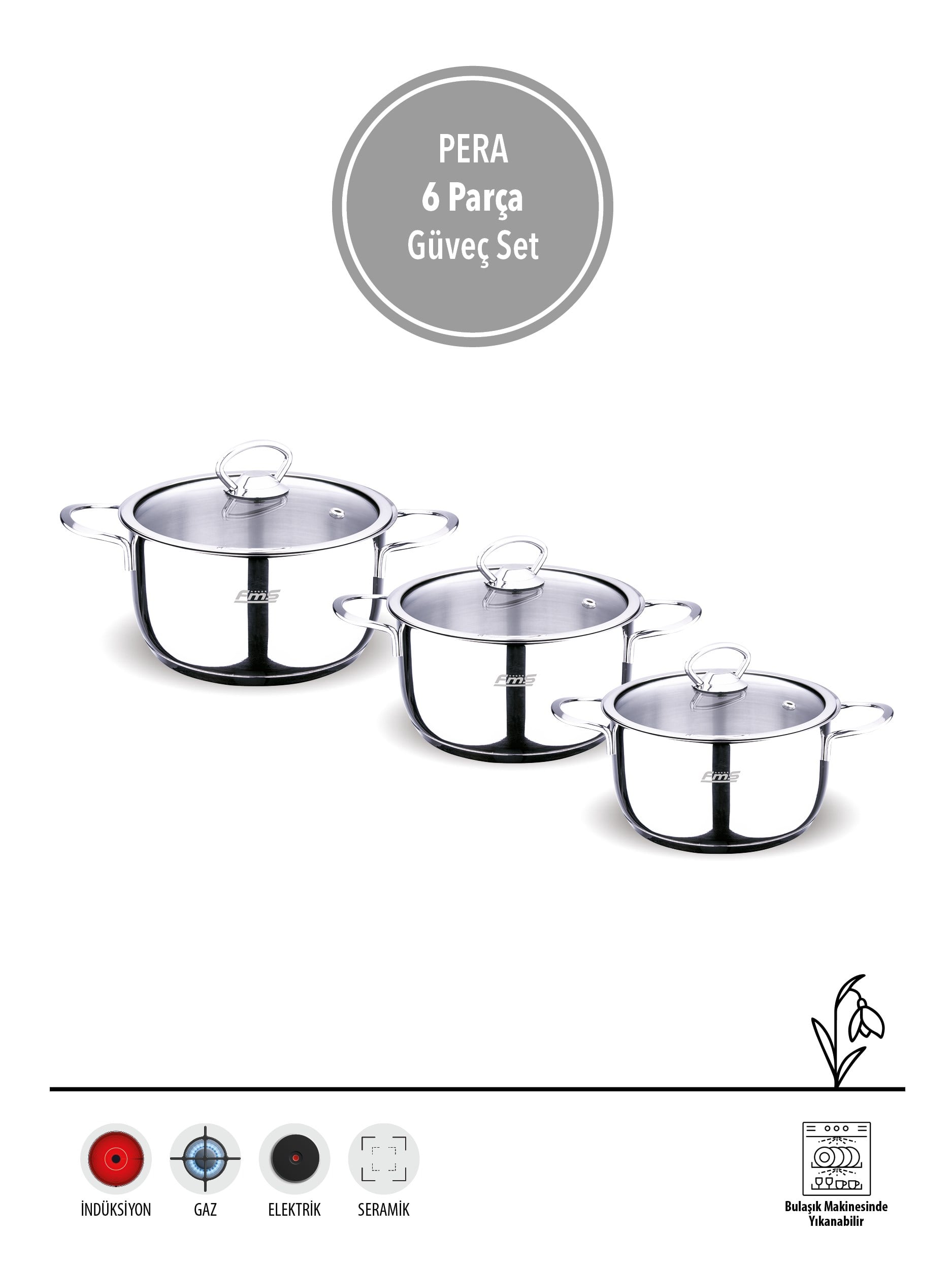 FMS Pera 6 Parça Güveç Seti ||18/10  | 16-18-20 cm |  304 Paslanmaz Çelik  |  