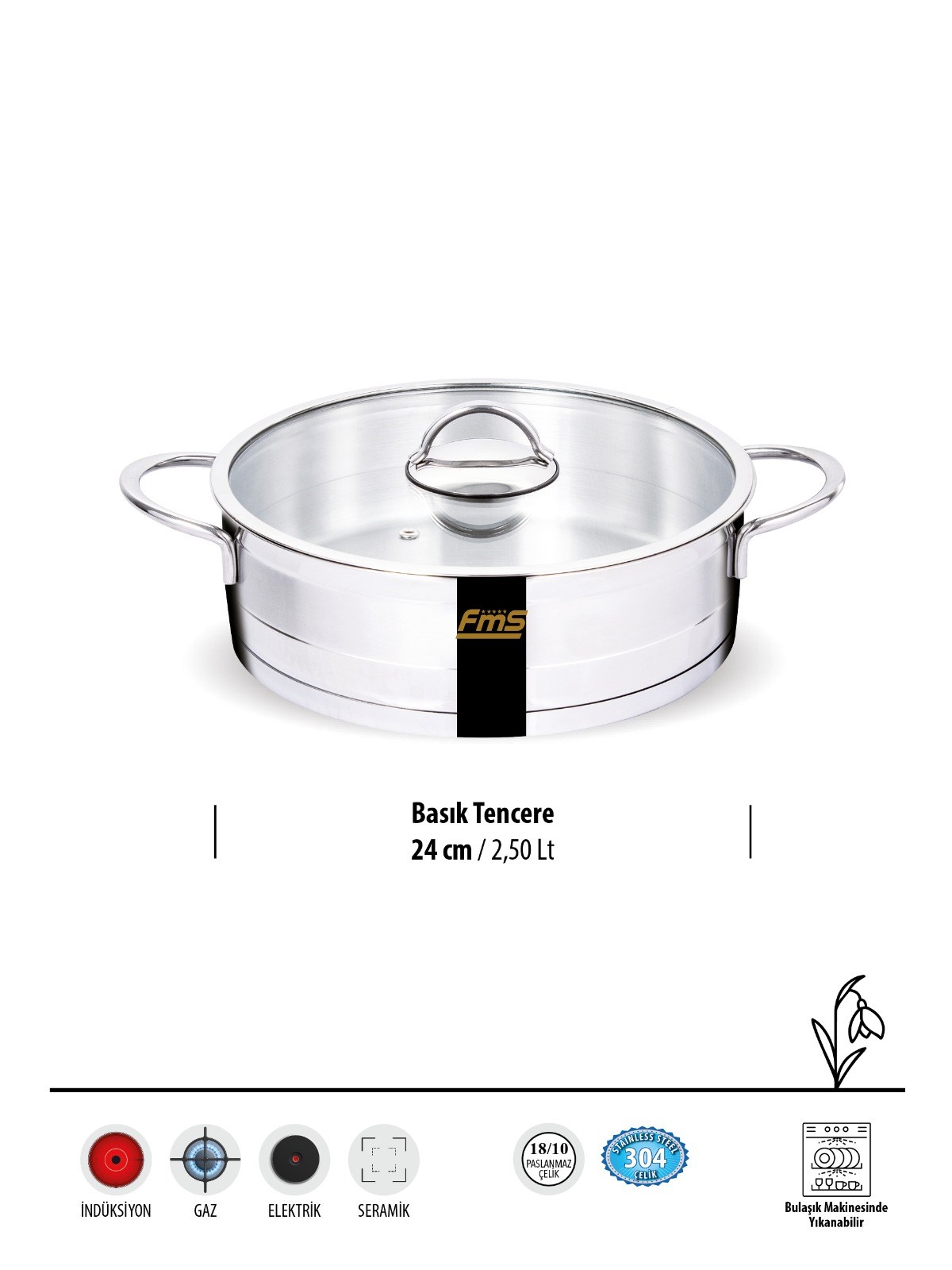 FMS Silindir Basık Tencere 24 cm | 2.5 L |  304 Paslanmaz Çelik Tencere18/10