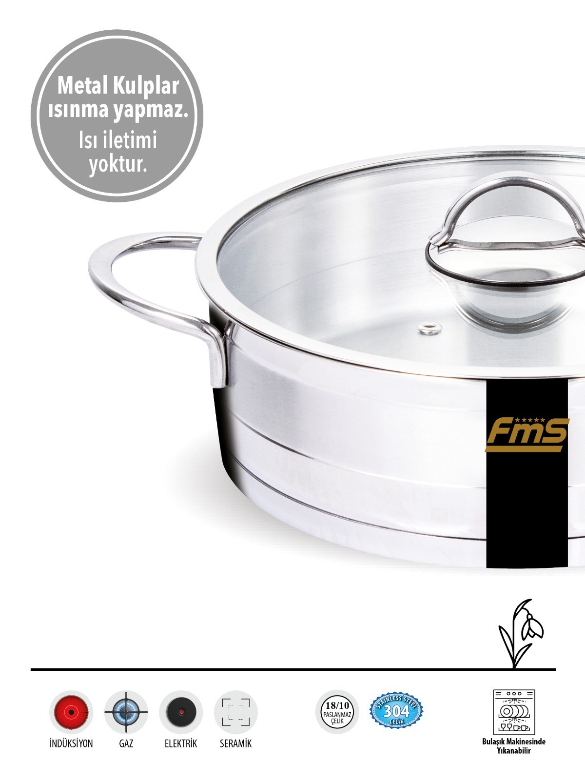 FMS Silindir Basık Tencere 24 cm | 2.5 L |  304 Paslanmaz Çelik Tencere18/10