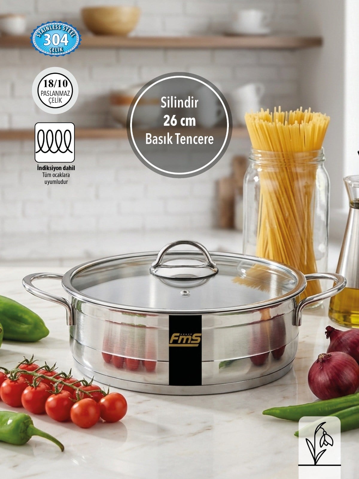 FMS Silindir Basık Tencere 26 cm | 3.7 L | Büyük Boy  304 Çelik18/10