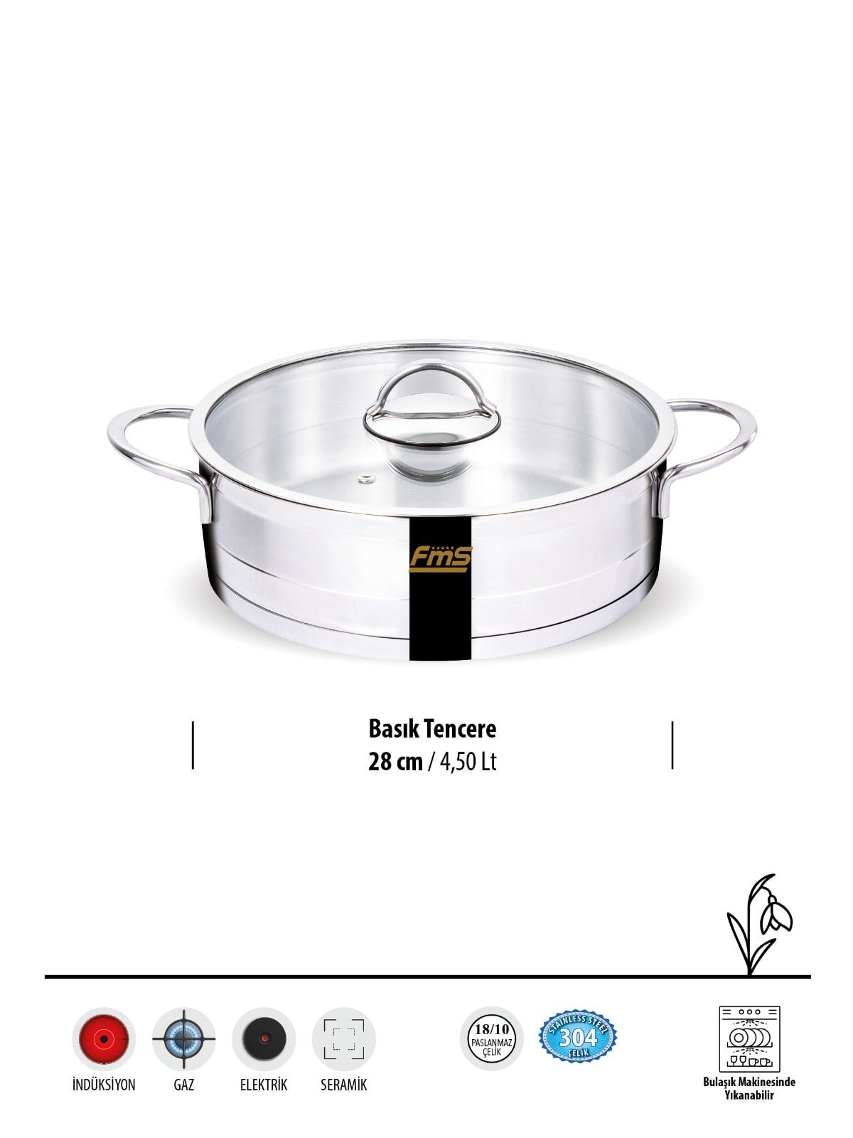 FMS Silindir Basık Tencere 28 cm | 4.5 L | 304 Paslanmaz Çelik Tencere 18/10
