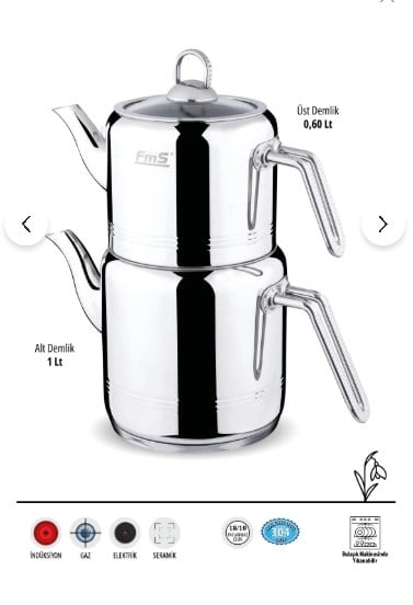 FMS Silindir Elmas Kulp Midi Boy | 18/10 Çelik Çaydanlık | İndüksiyon Taban | Ergonomik Sap | 0,6 L+ 1 L