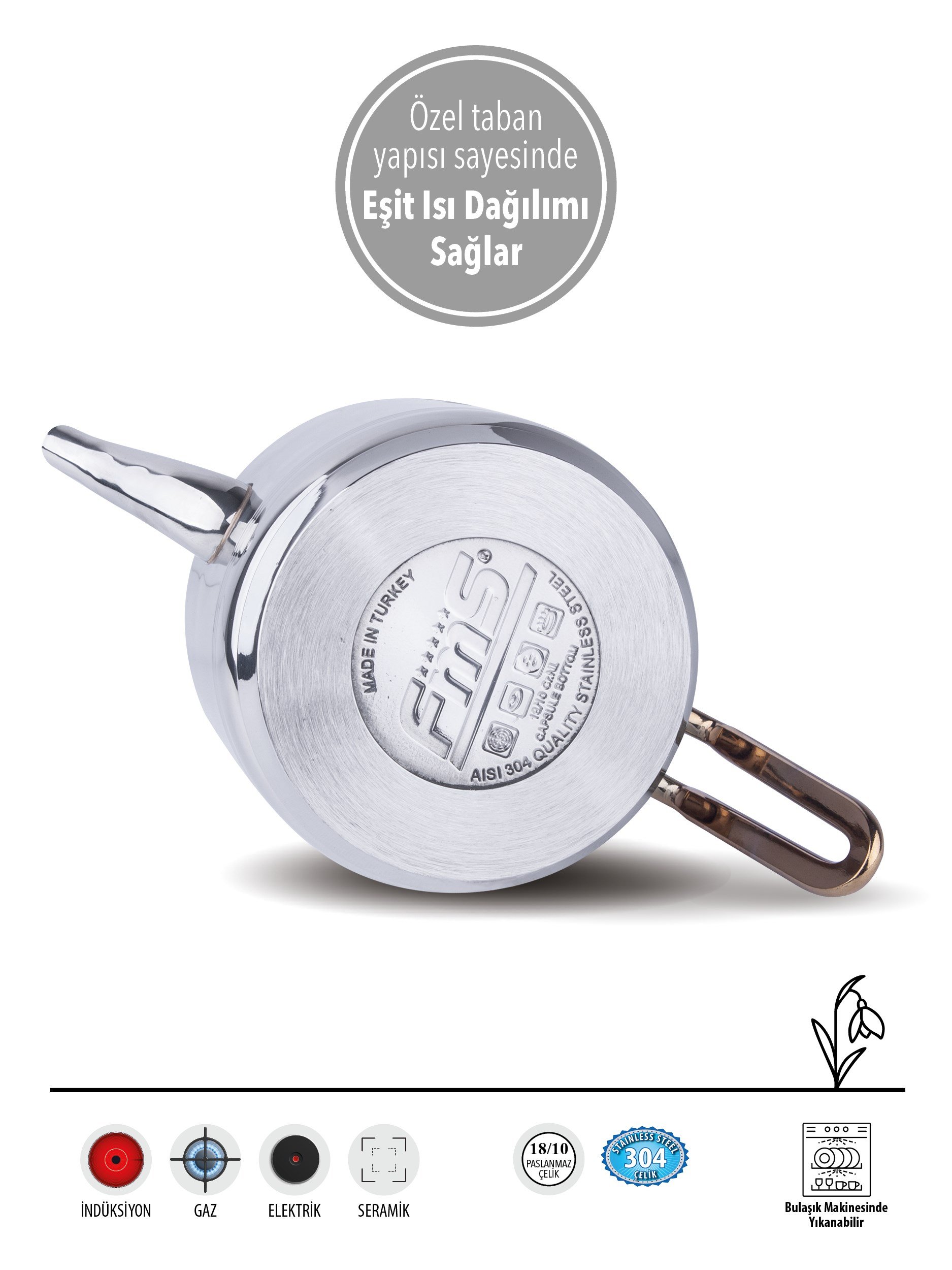 FMS Silindir Elmas Kulp Midi Boy | Altın | 18/10 Çelik Çaydanlık | İndüksiyon Taban | Ergonomik Sap | 0,6 L+ 1 L