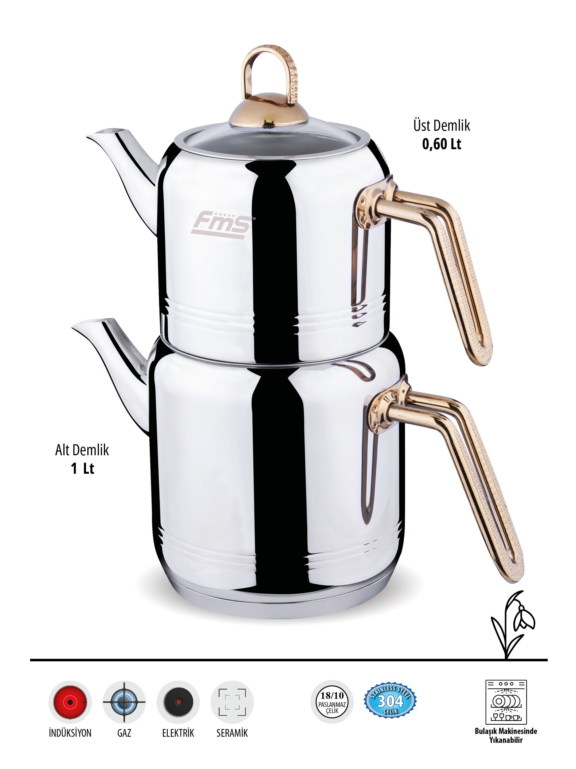 FMS Silindir Elmas Kulp Midi Boy | Altın | 18/10 Çelik Çaydanlık | İndüksiyon Taban | Ergonomik Sap | 0,6 L+ 1 L