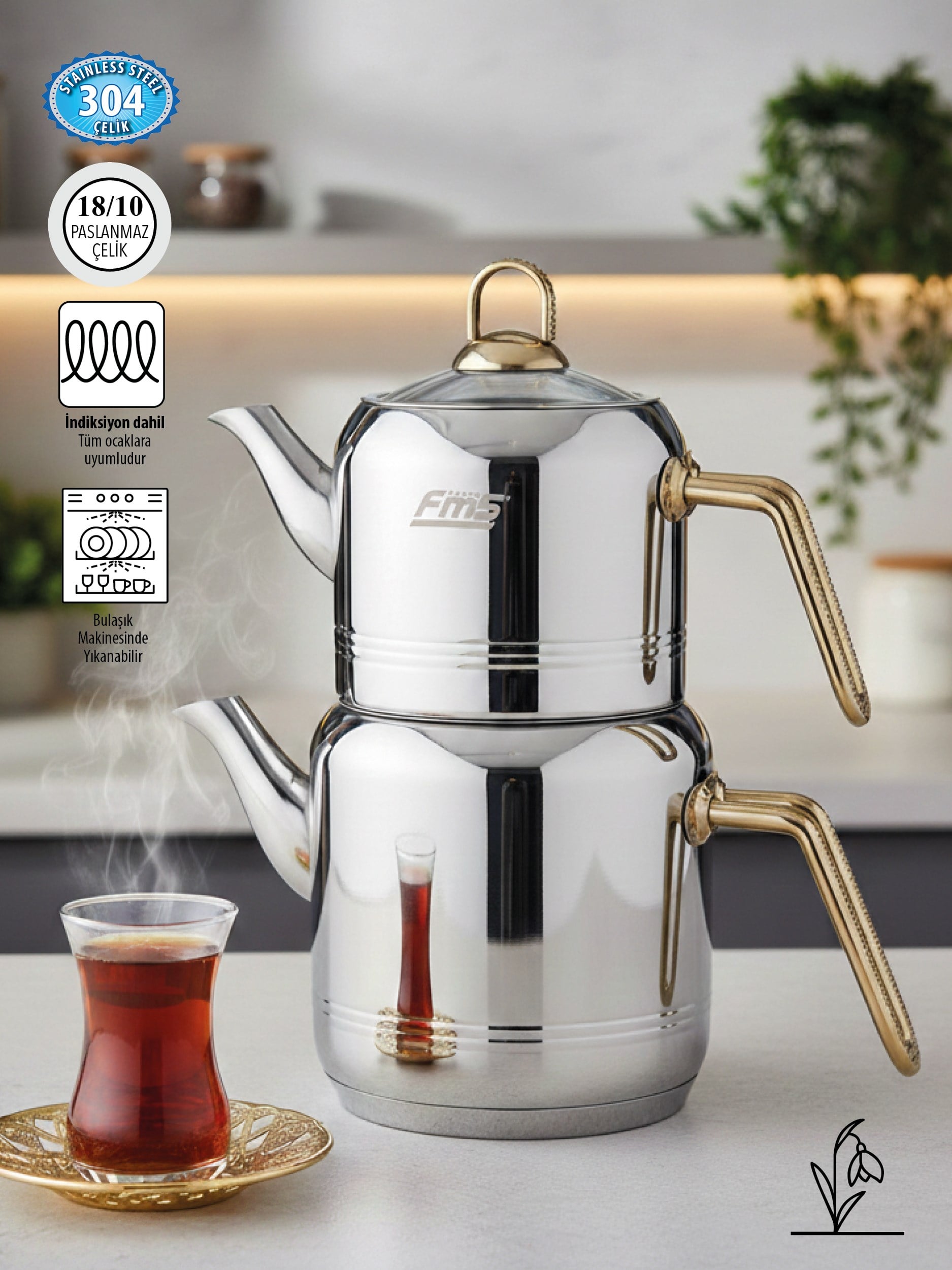 FMS Silindir Elmas Kulp Midi Boy | Altın | 18/10 Çelik Çaydanlık | İndüksiyon Taban | Ergonomik Sap | 0,6 L+ 1 L