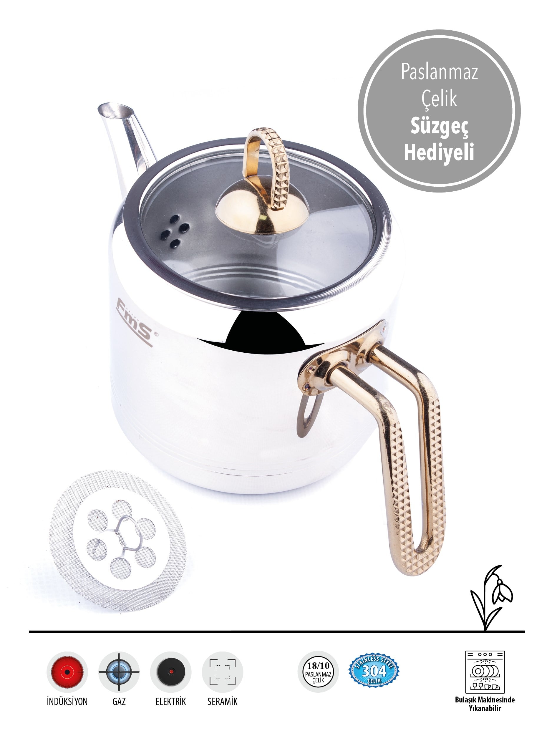 FMS Silindir Elmas Kulp Midi Boy | Altın | 18/10 Çelik Çaydanlık | İndüksiyon Taban | Ergonomik Sap | 0,6 L+ 1 L