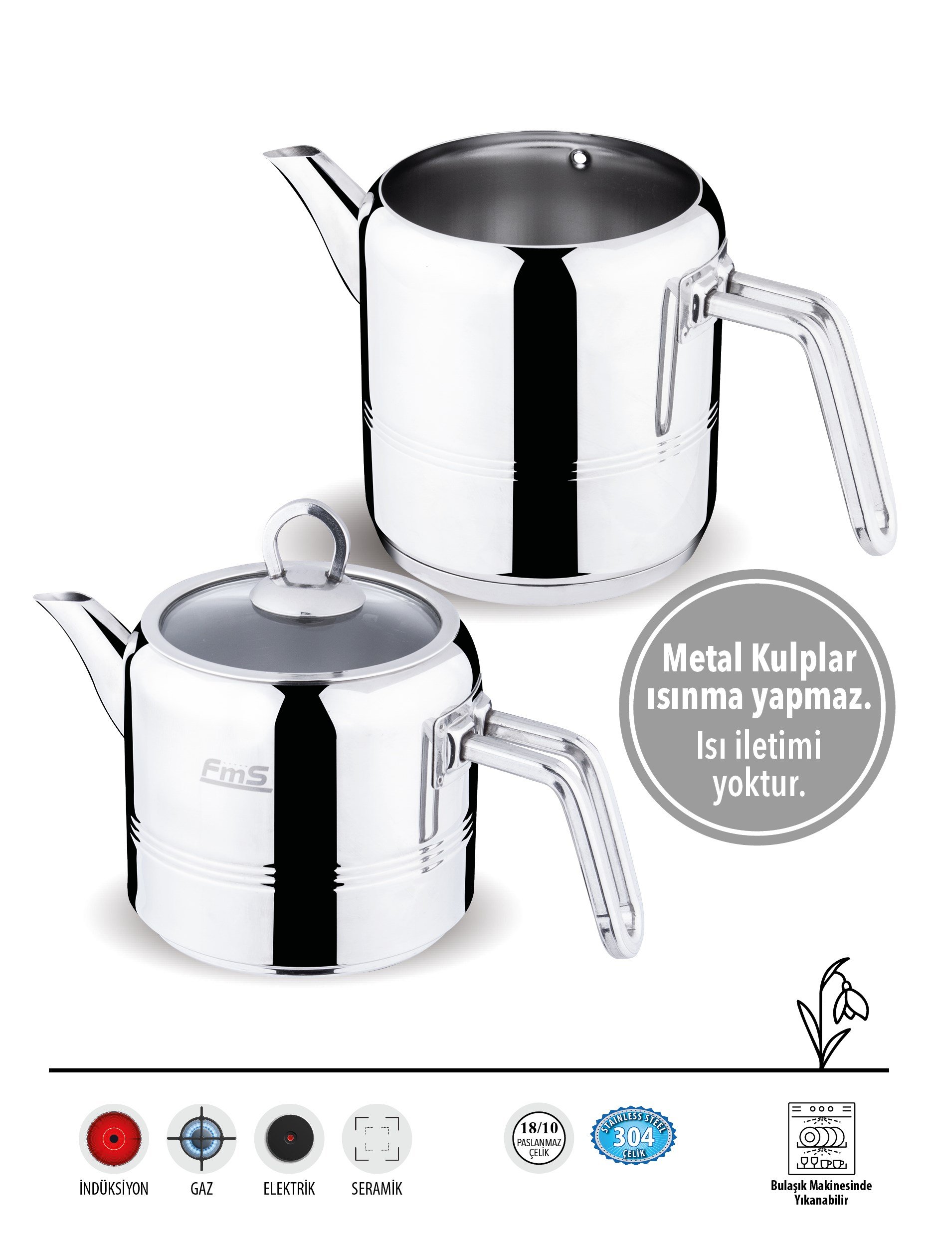 FMS Silindir Mini Çaydanlık | 18/10 Paslanmaz Çelik | İndüksiyon Uyumlu|Şık Tasarım |0.85 L + 1.25 L