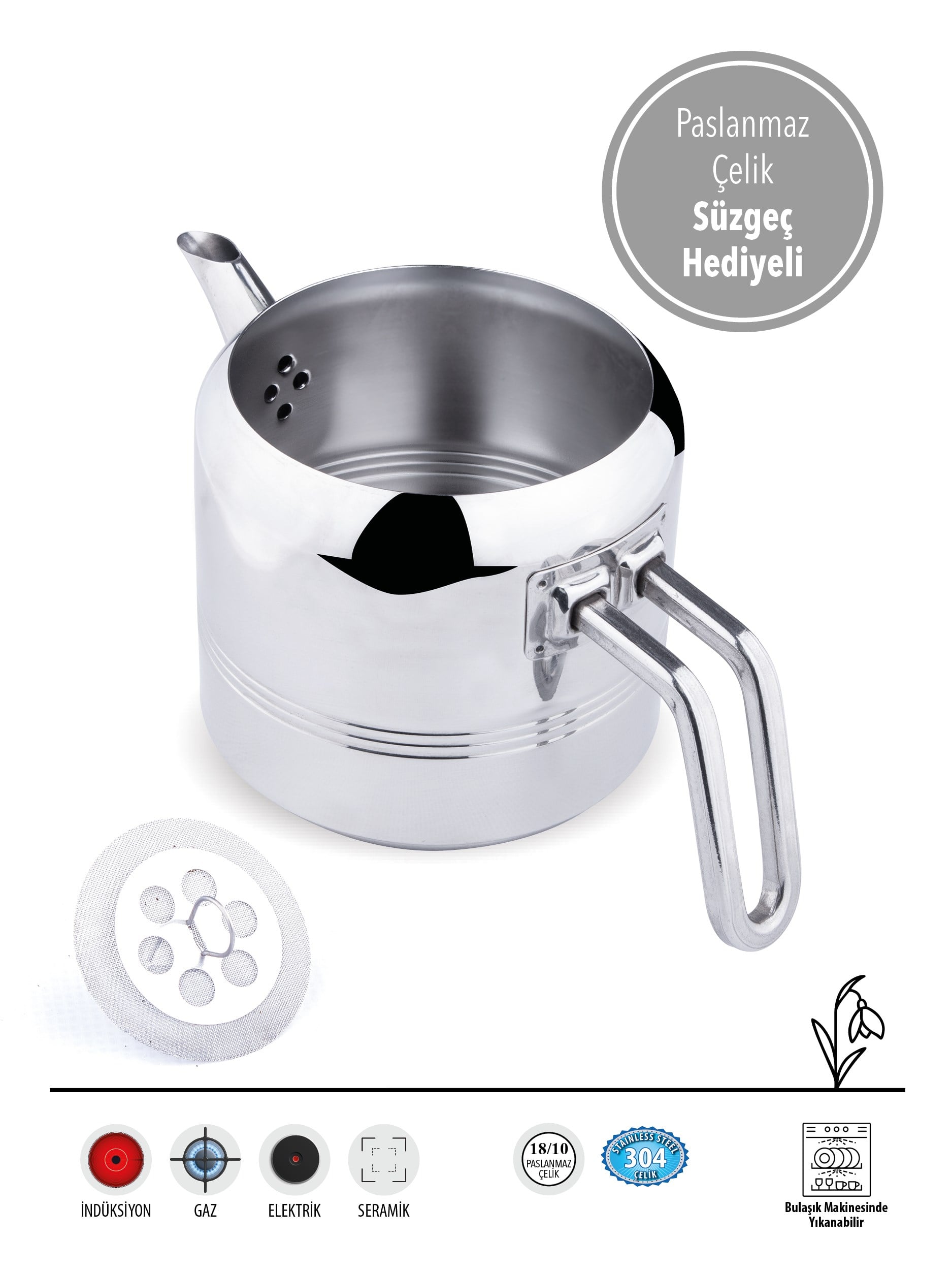 FMS Silindir Mini Çaydanlık | 18/10 Paslanmaz Çelik | İndüksiyon Uyumlu|Şık Tasarım |0.85 L + 1.25 L