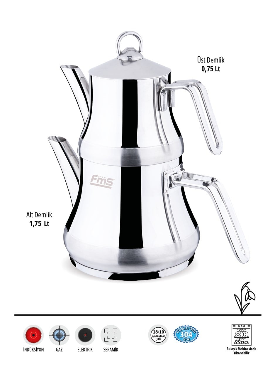 Fms Silver Çaydanlık Orta | 18/10 Paslanmaz | İndüksiyon Uyumlu | 0.75 L + 1,75 L