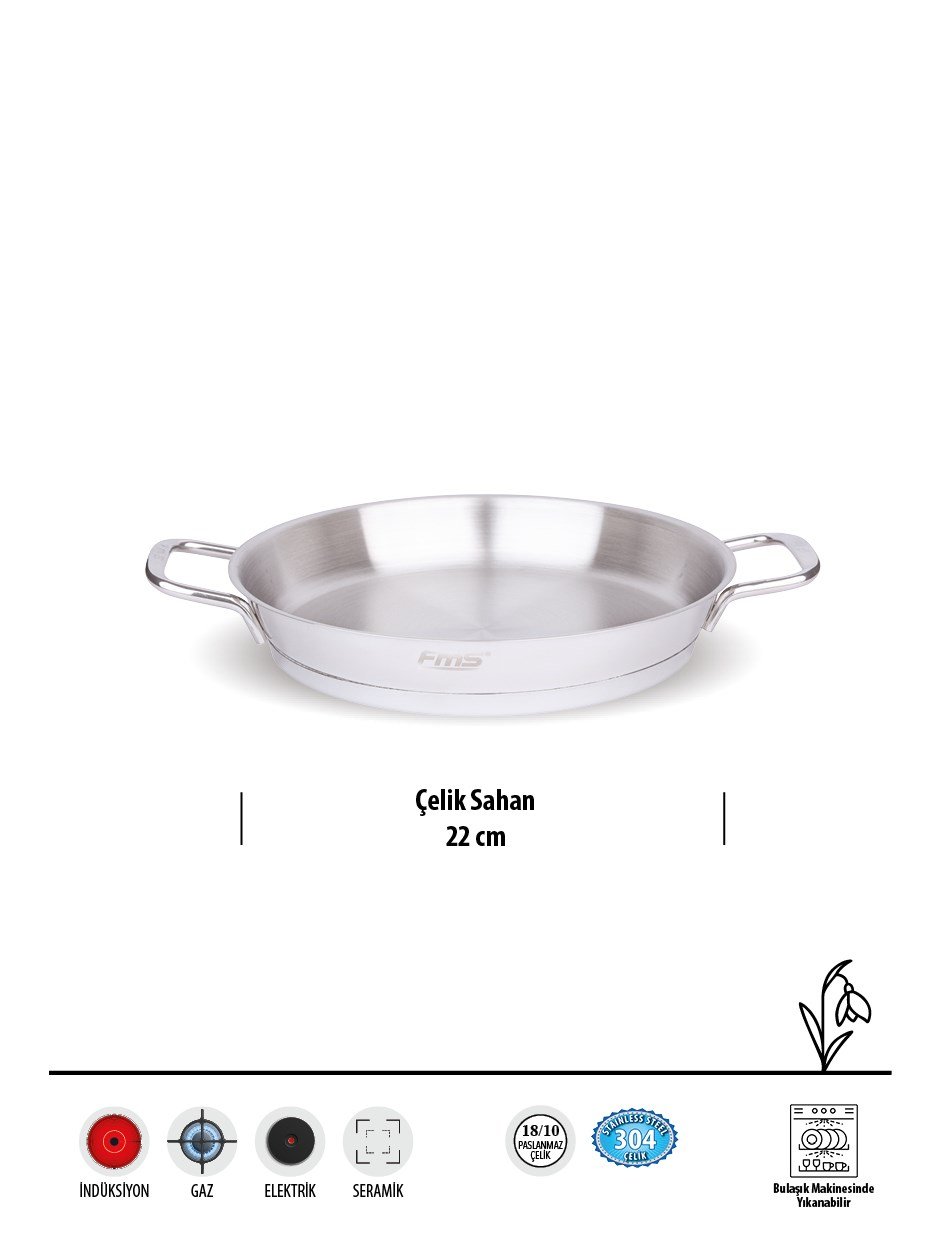 FMSFMS 22 cm Endüstriyel Çelik Sahan | 304 Paslanmaz | 18/10 Kafe – Restoran Tipi