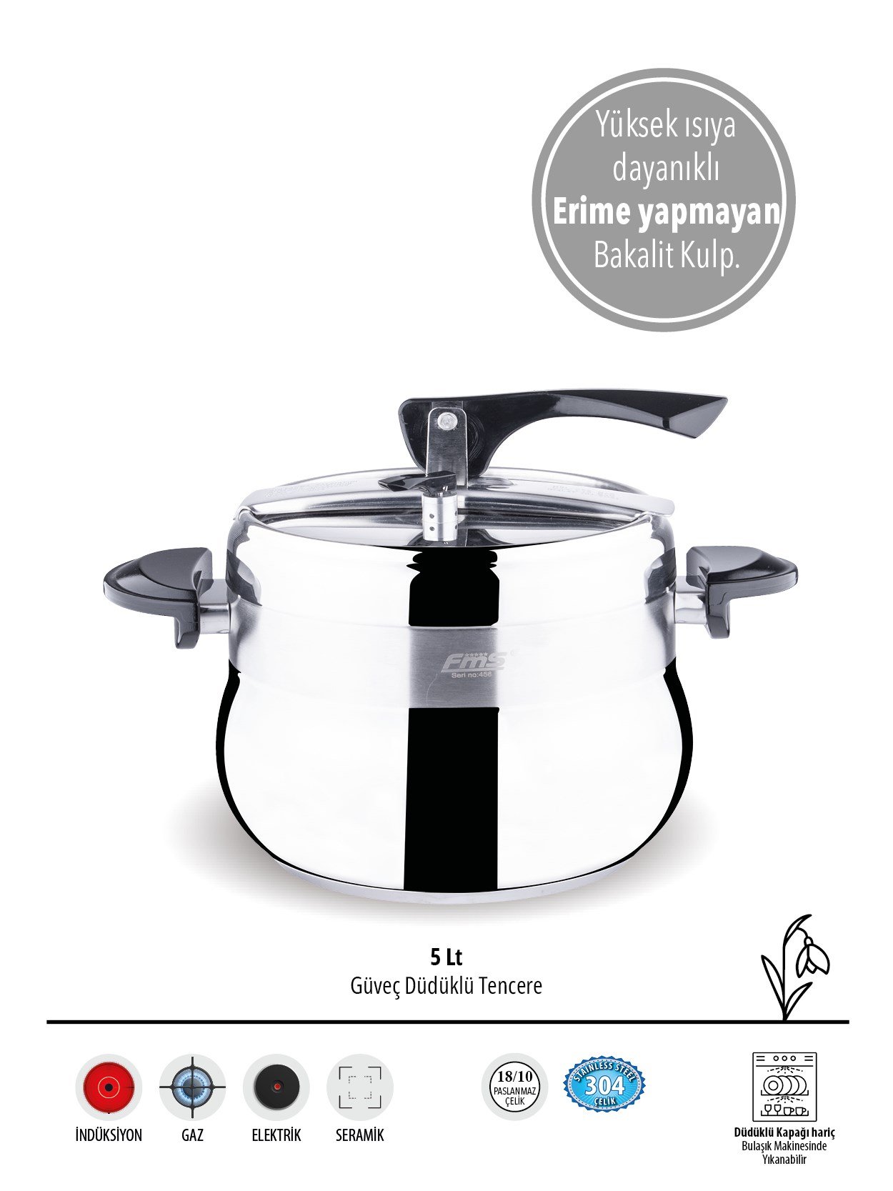 Güveç Düdüklü Tencere 5 Litre Siyah | 18/10 Paslanmaz Çelik | Hızlı Pişirme | İndüksiyon Uyumlu