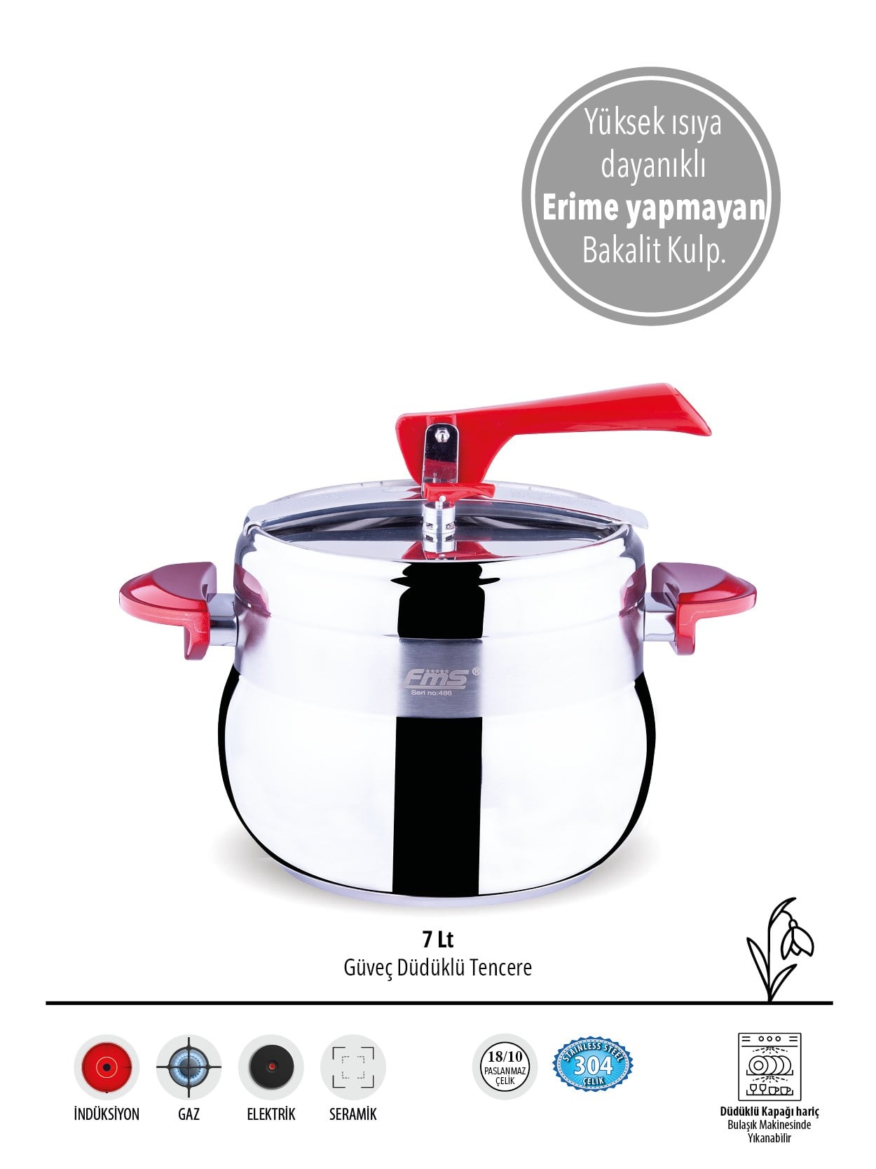 Güveç Düdüklü Tencere 7 Litre Kırmızı | Hızlı Pişirme | İndüksiyon Uyumlu | 18/10 Paslanmaz