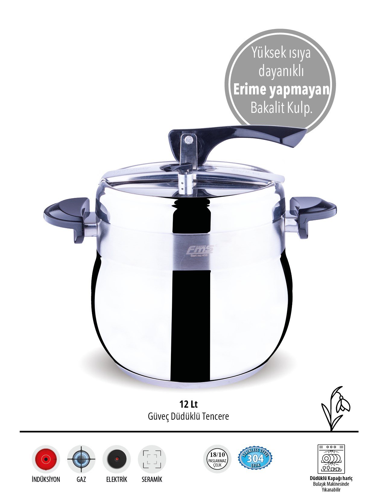 Güveç Siyah Düdüklü Tencere 12 Litre | 18/10 Paslanmaz Çelik | Hızlı Pişirme | İndüksiyon Uyumlu