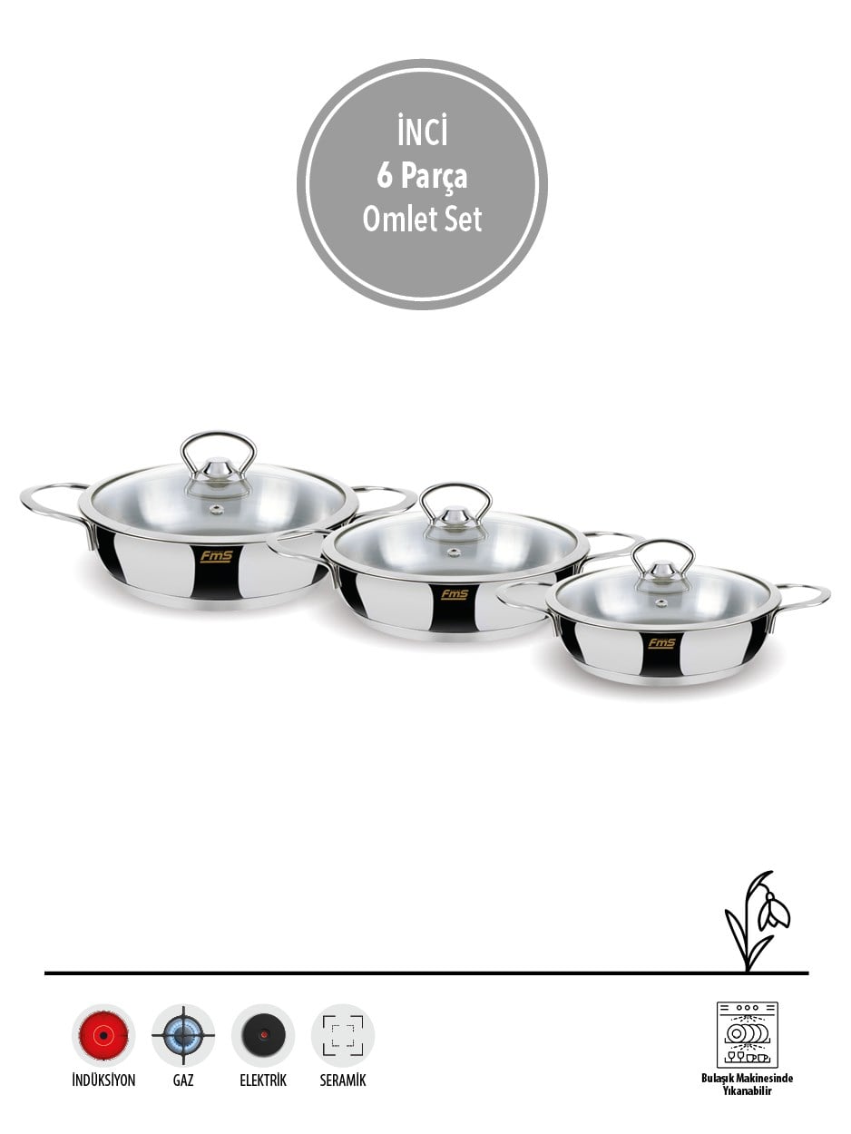 İNCİ 6 PARÇA OMLET SET  | 18/10 PASLANMAZ ÇELİK | İNDÜKSİYON UYUMLU |