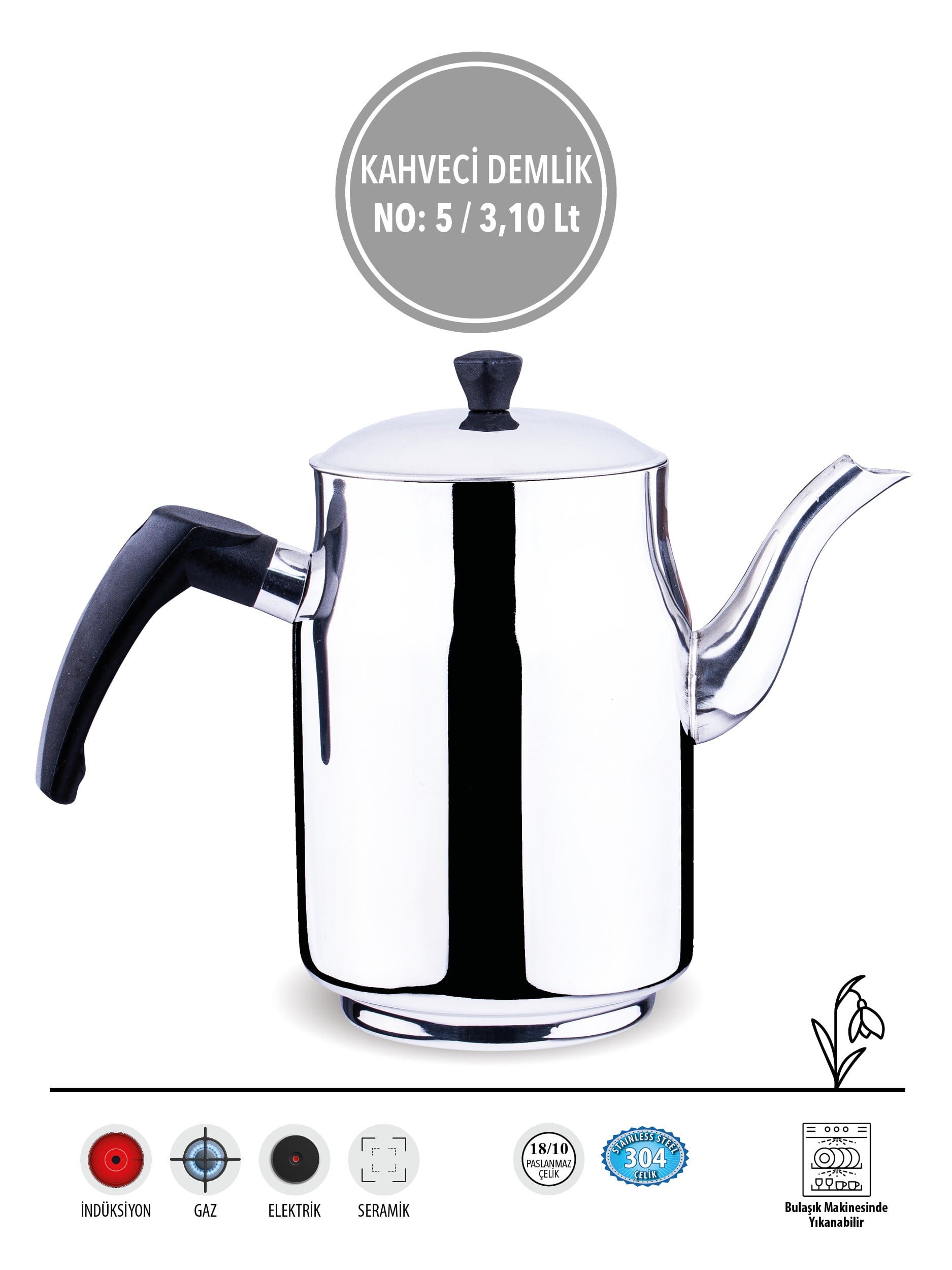 Kahveci No:5 | 18/10 Paslanmaz Çelik Demlik | 3,10 Litre | Parlak Yüzey