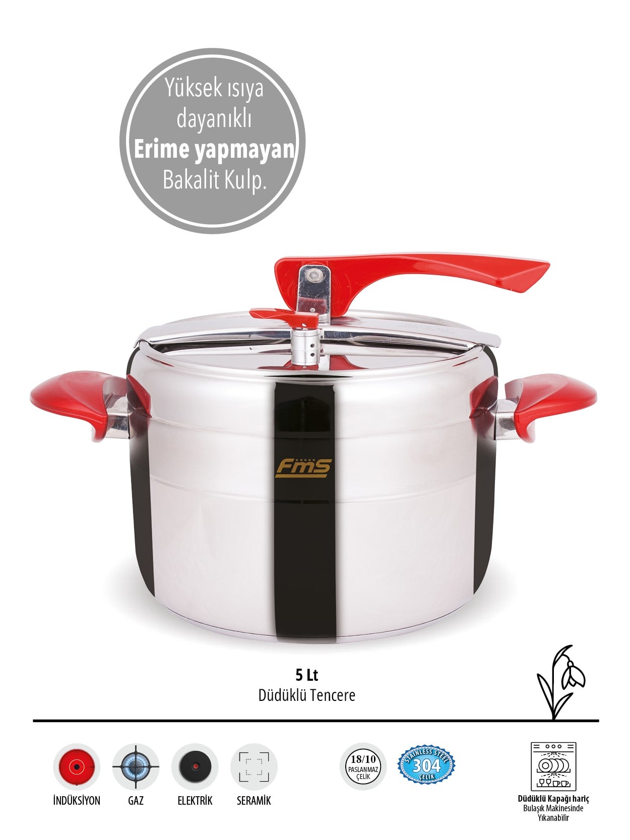Kırmızı Düdüklü Tencere 5 Lt |18/10 Paslanmaz Çelik | Enerji Tasarruflu Taban