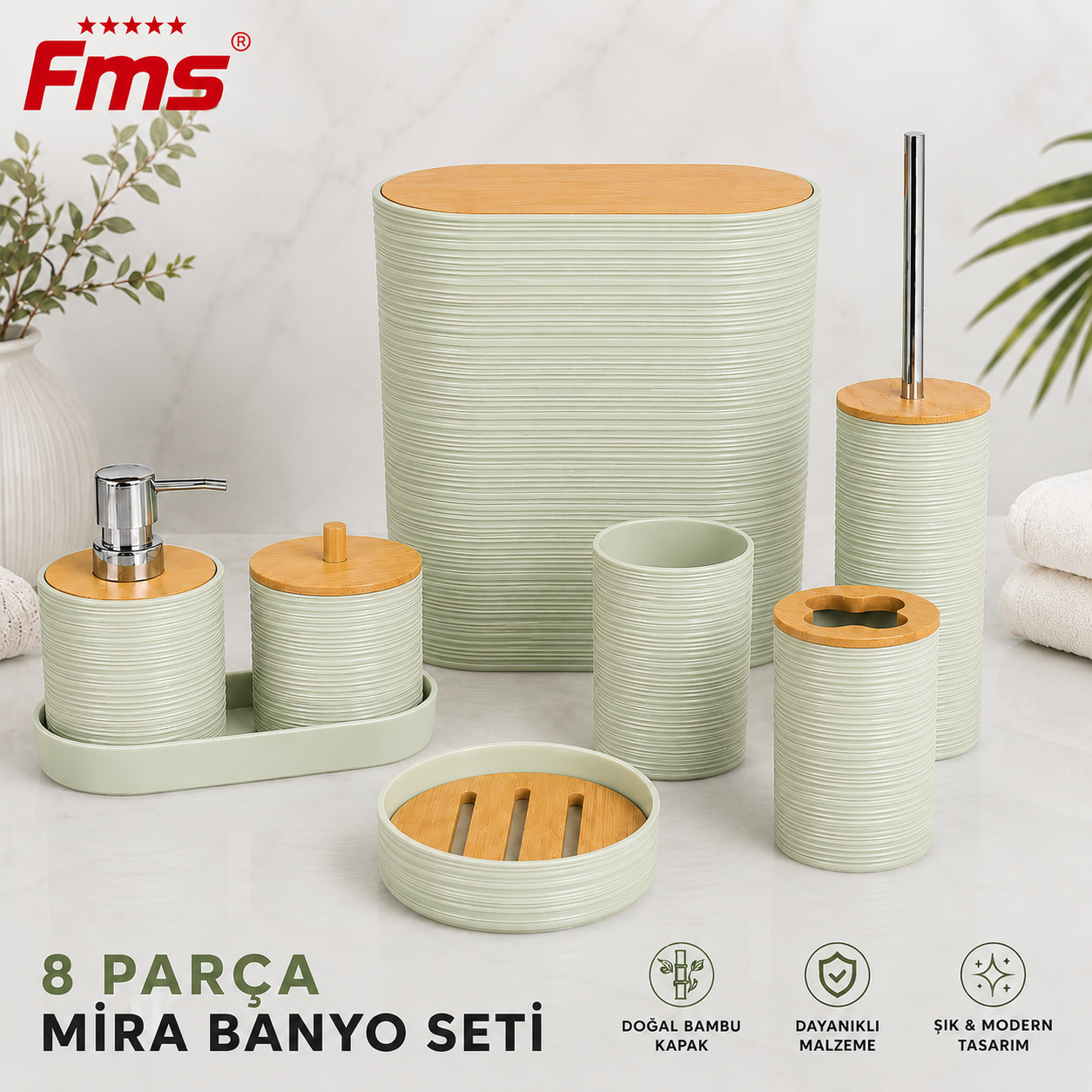 MİRA 8 PARÇA | MODERN BANYO SETİ | BAMBU KAPAKLI | 
