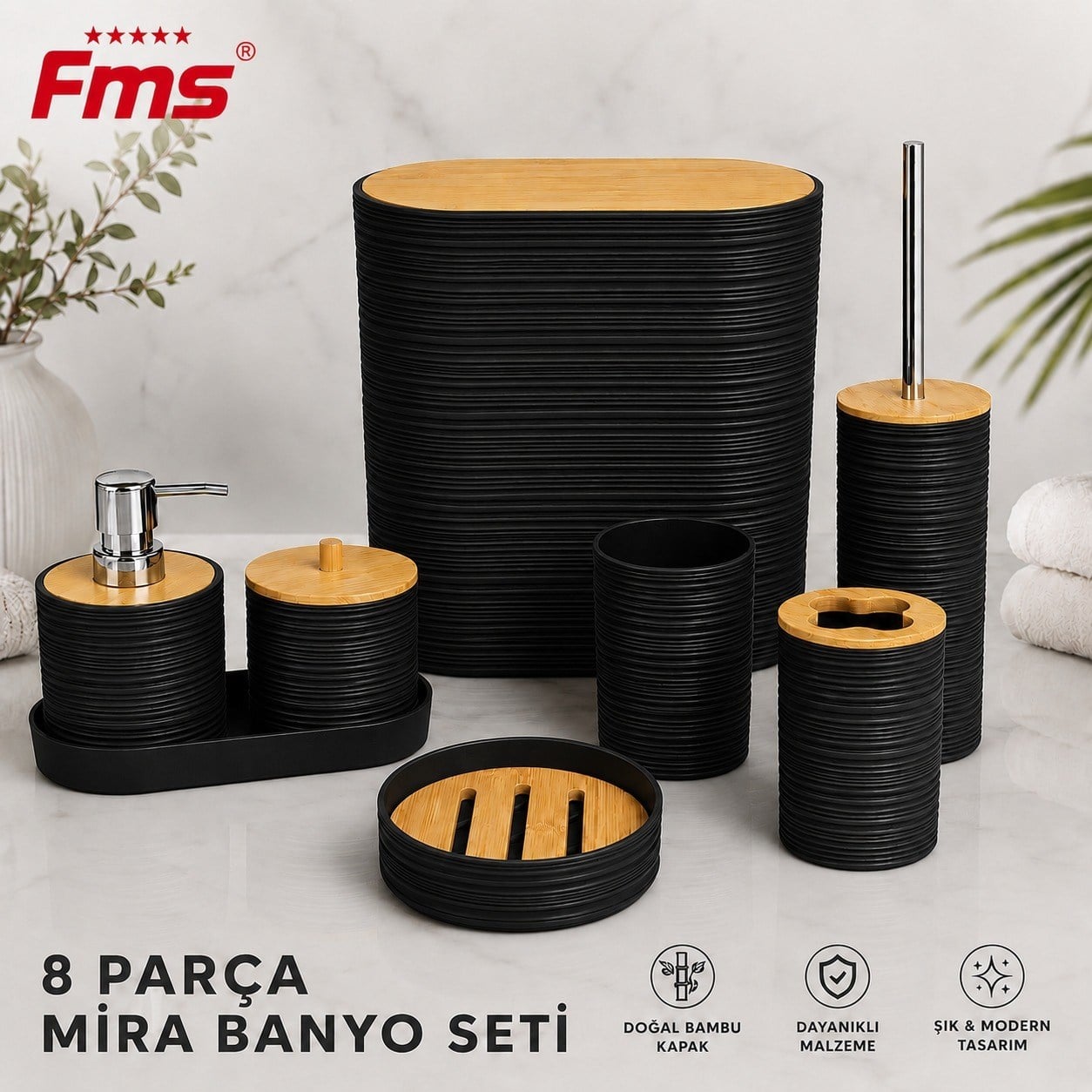 MİRA 8 PARÇA | MODERN BANYO SETİ | BAMBU KAPAKLI | 