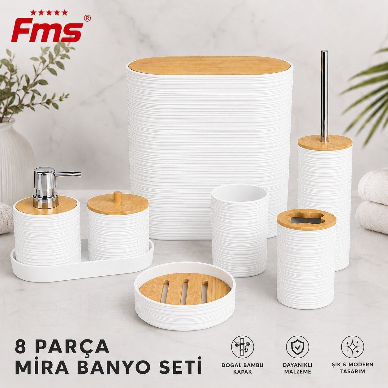 MİRA 8 PARÇA | MODERN BANYO SETİ | BAMBU KAPAKLI | 
