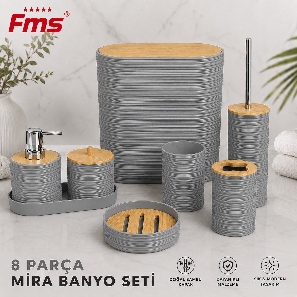 MİRA 8 PARÇA | MODERN BANYO SETİ | BAMBU KAPAKLI | 