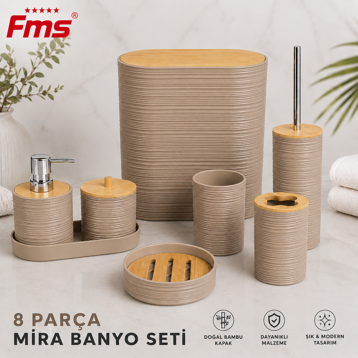 MİRA 8 PARÇA | MODERN BANYO SETİ | BAMBU KAPAKLI | 